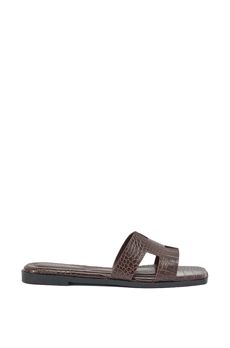AKIRA HOWDY BROWN CROC SLIP ON FLAT SANDAL - Image 5