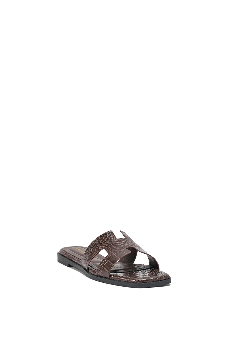 AKIRA HOWDY BROWN CROC SLIP ON FLAT SANDAL - Image 6
