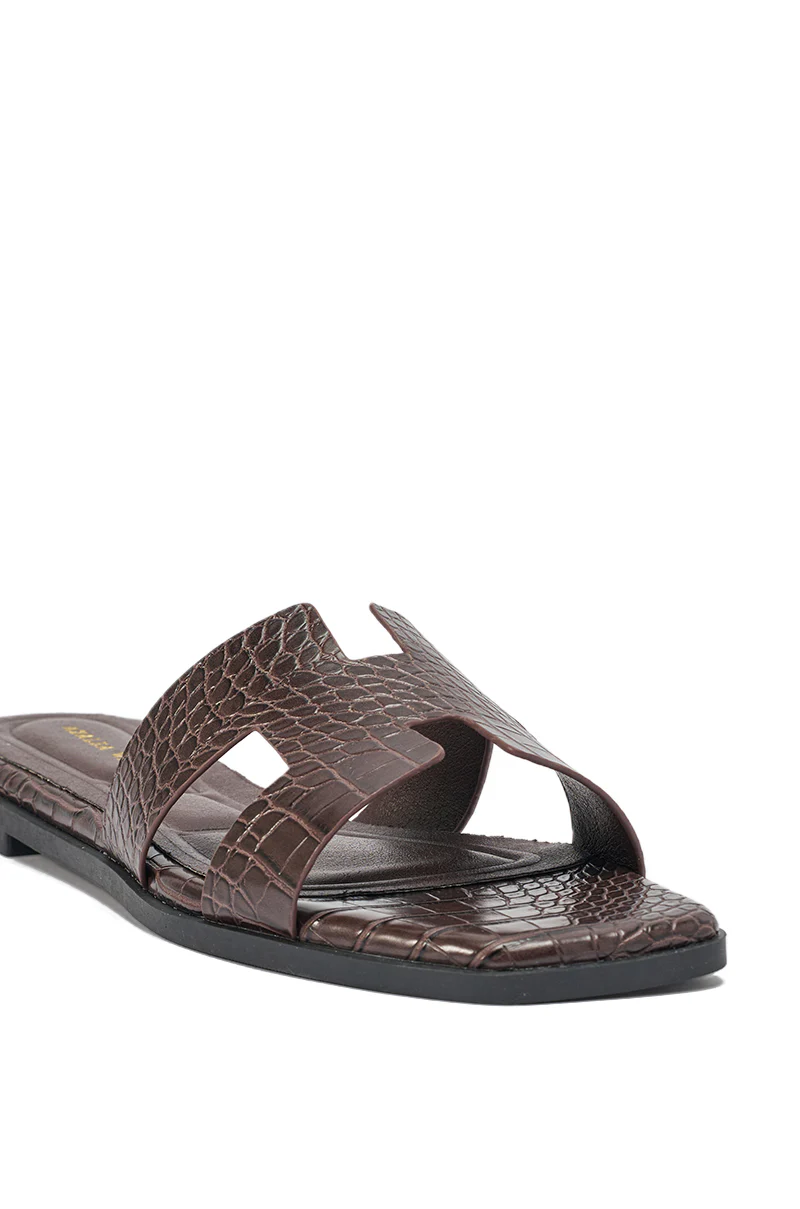 AKIRA HOWDY BROWN CROC SLIP ON FLAT SANDAL - Image 8