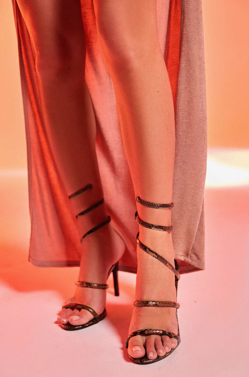 AKIRA LOWRI BROWN SNAKE SPIRAL STILETTO SANDAL