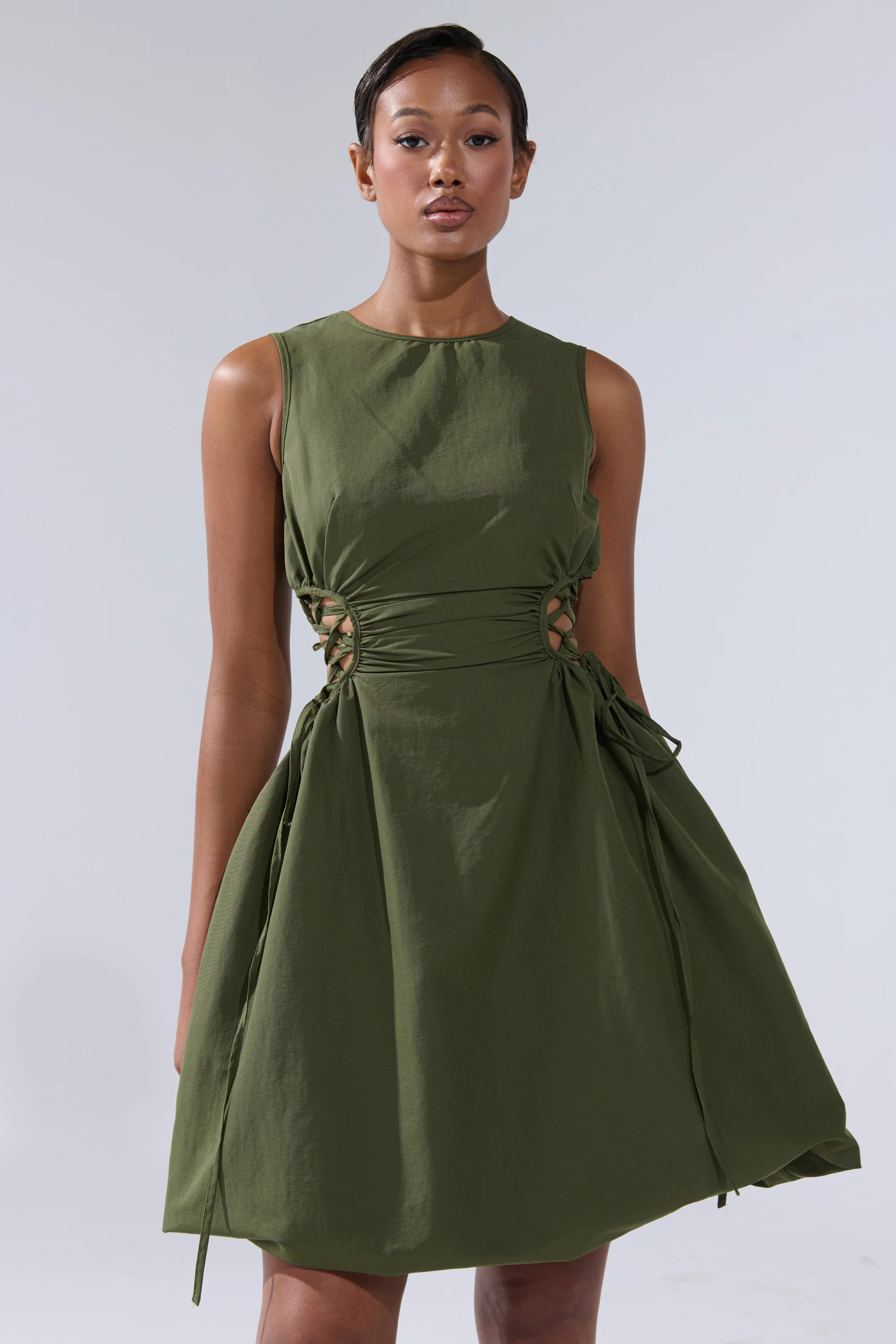 ALINA LACE UP DETAIL MAXI DRESS IN OLIVE - Image 2