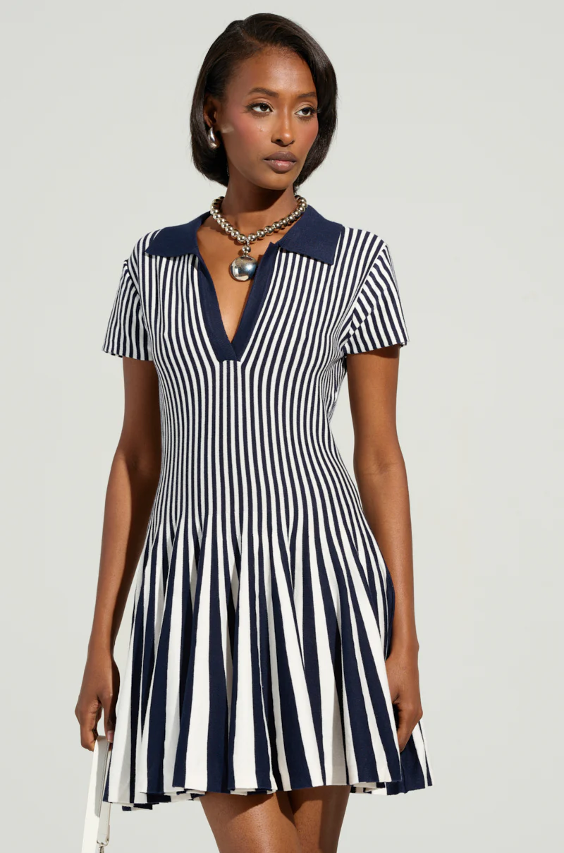 ALINA PLEATED KNIT FIT AND FLARE MINI DRESS IN NAVY - Image 2