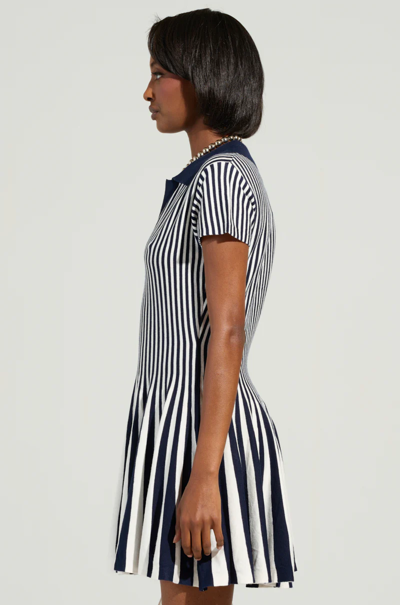 ALINA PLEATED KNIT FIT AND FLARE MINI DRESS IN NAVY - Image 4