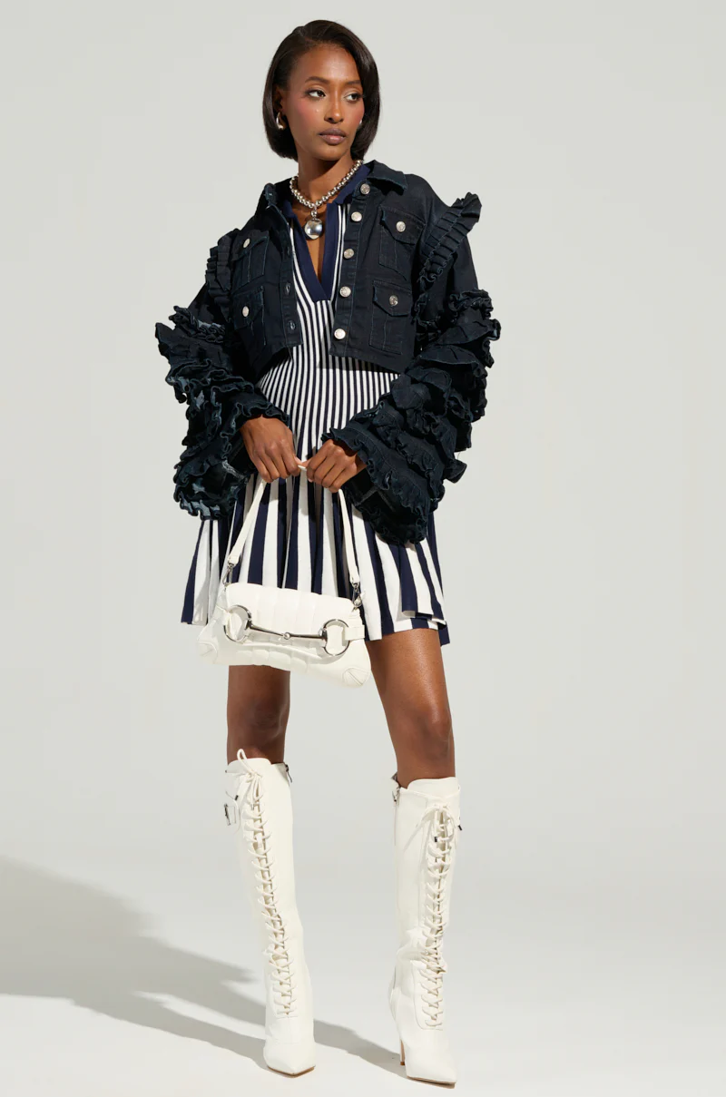 ALINA PLEATED KNIT FIT AND FLARE MINI DRESS IN NAVY - Image 6