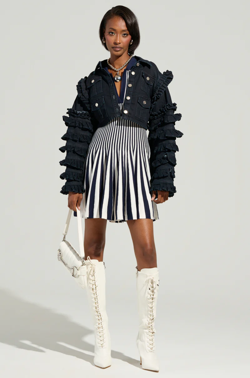 ALINA PLEATED KNIT FIT AND FLARE MINI DRESS IN NAVY - Image 7