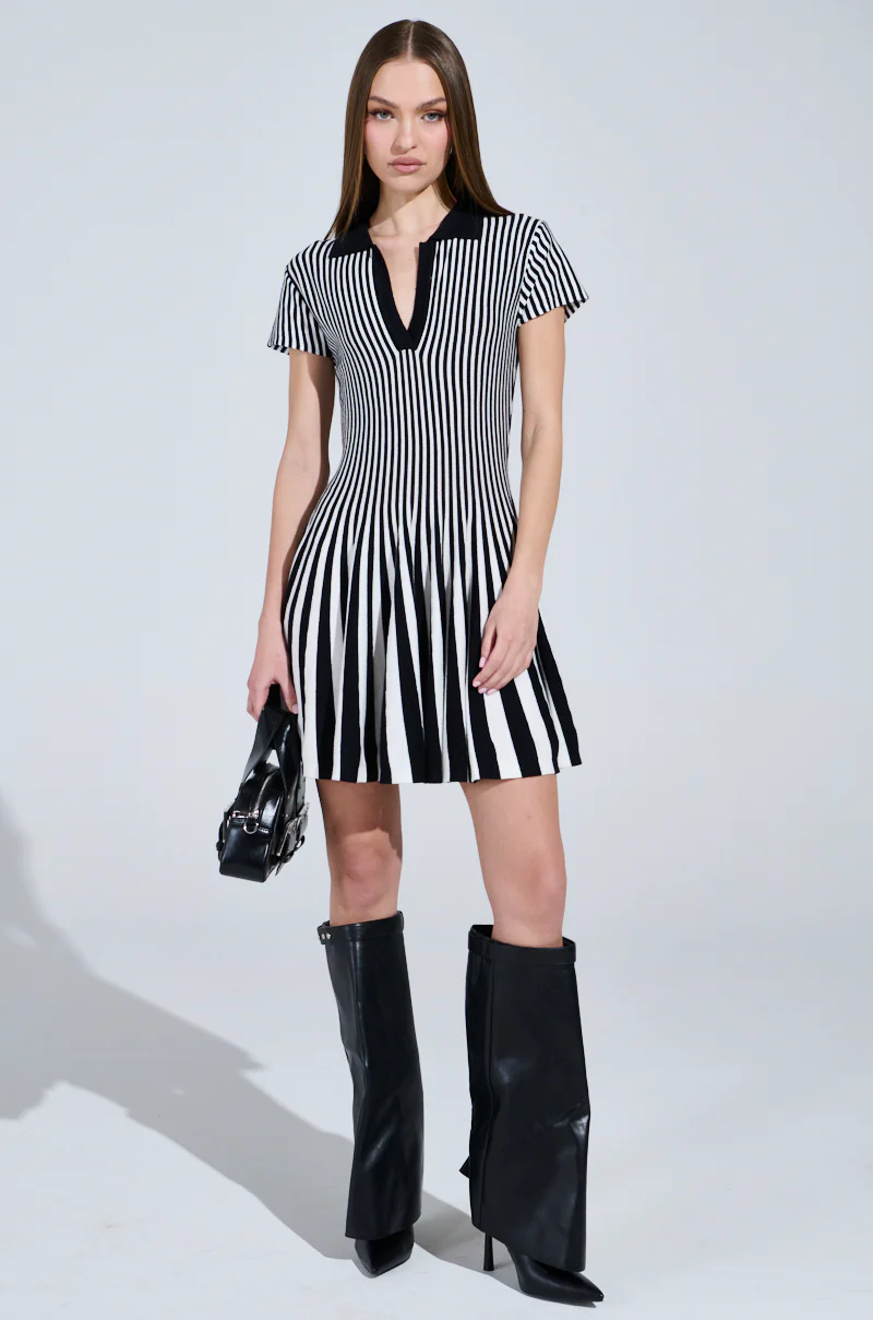 ALINA PLEATED KNIT FIT AND FLARE MINI DRESS IN BLACK AND WHITE - Image 5