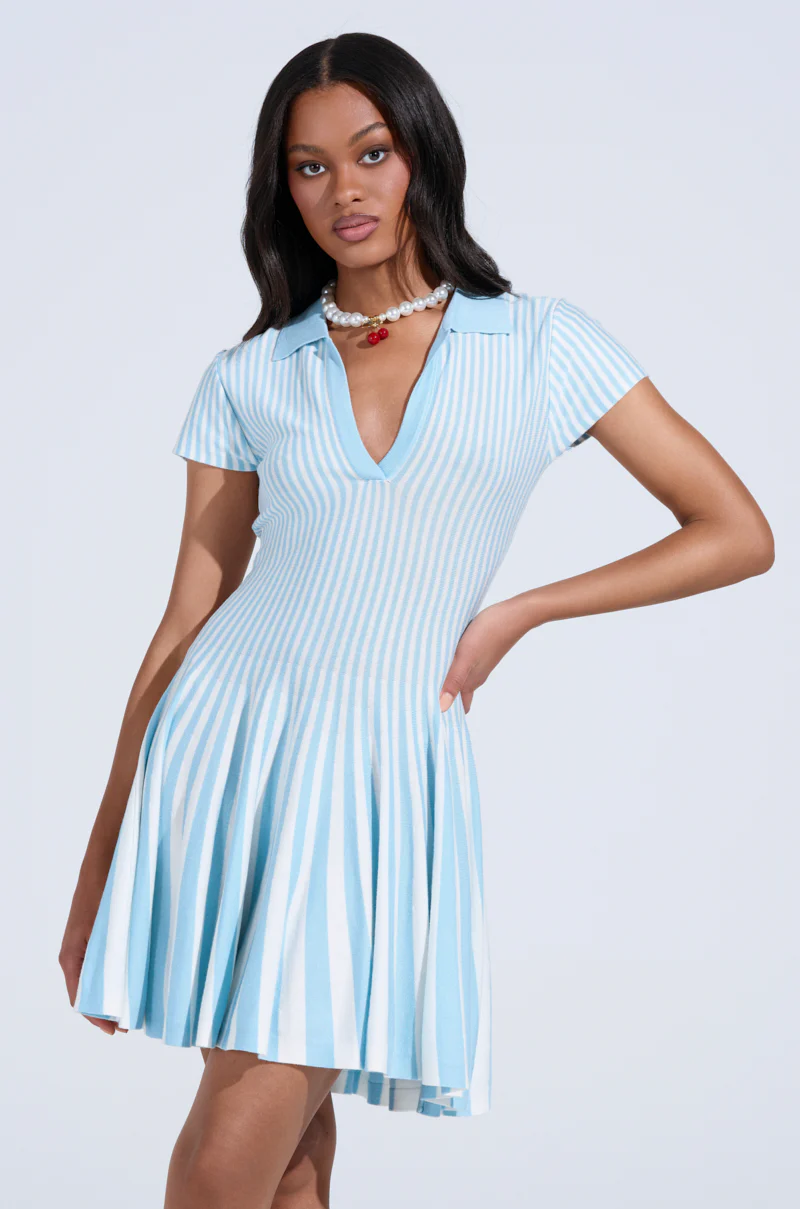 ALINA PLEATED KNIT FIT AND FLARE MINI DRESS IN BLUE - Image 3