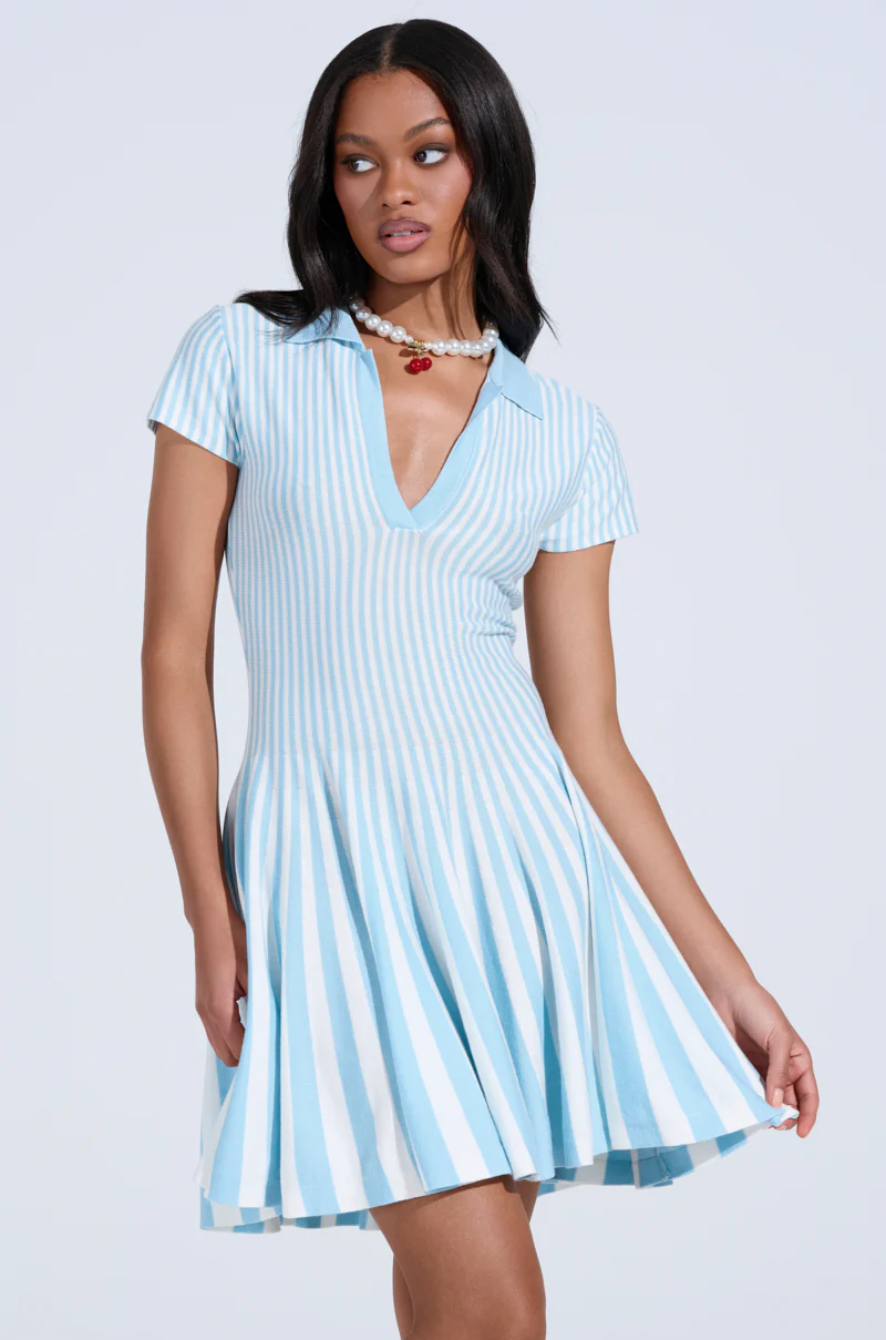 ALINA PLEATED KNIT FIT AND FLARE MINI DRESS IN BLUE - Image 4
