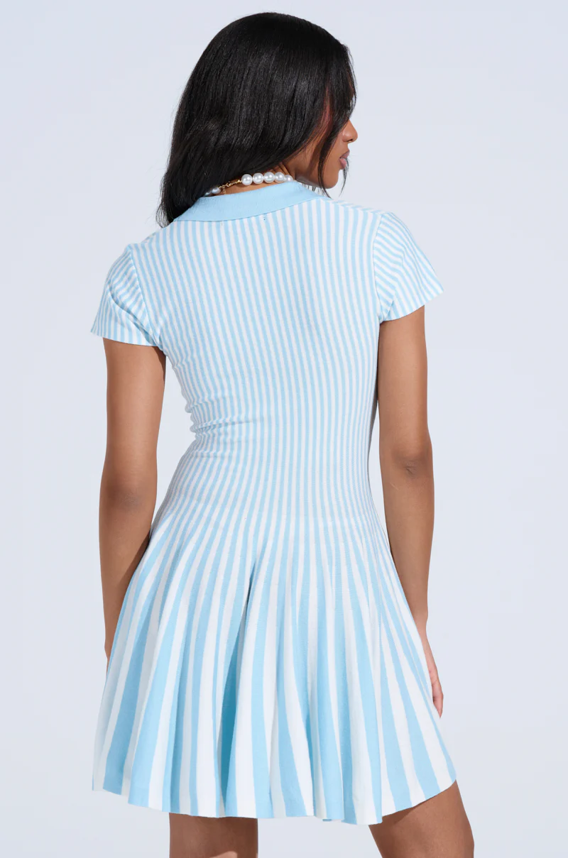 ALINA PLEATED KNIT FIT AND FLARE MINI DRESS IN BLUE - Image 6