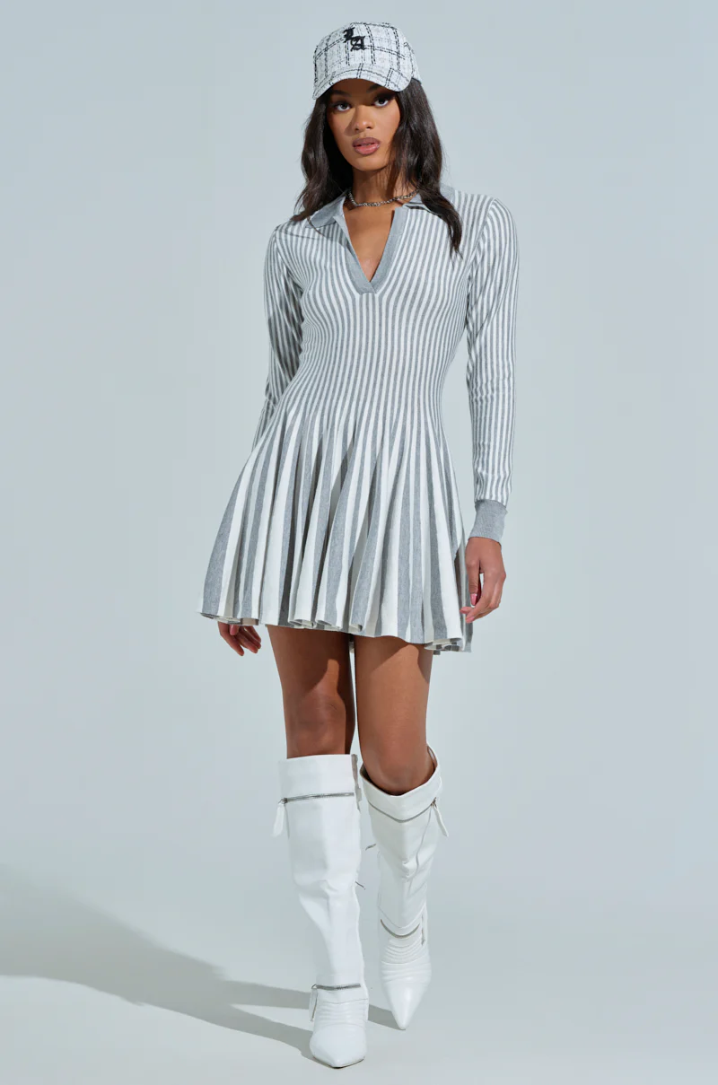ALINA PLEATED KNIT FIT AND FLARE MINI DRESS WITH LONG SLEEVES IN GREY MULTI - Image 5