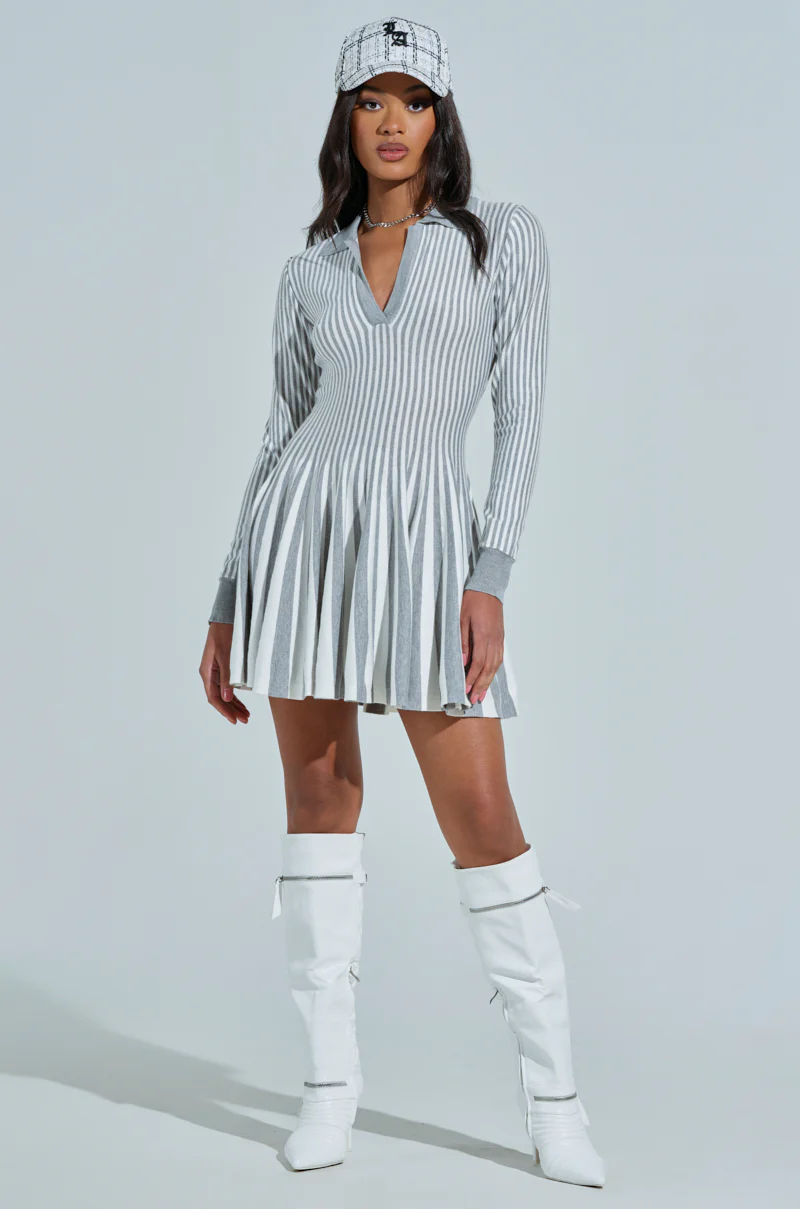 ALINA PLEATED KNIT FIT AND FLARE MINI DRESS WITH LONG SLEEVES IN GREY MULTI - Image 6
