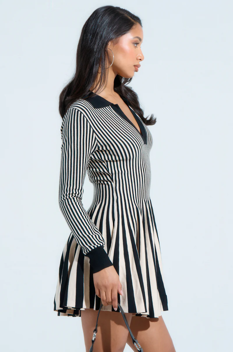 ALINA PLEATED KNIT FIT AND FLARE MINI DRESS WITH LONG SLEEVES - Image 2