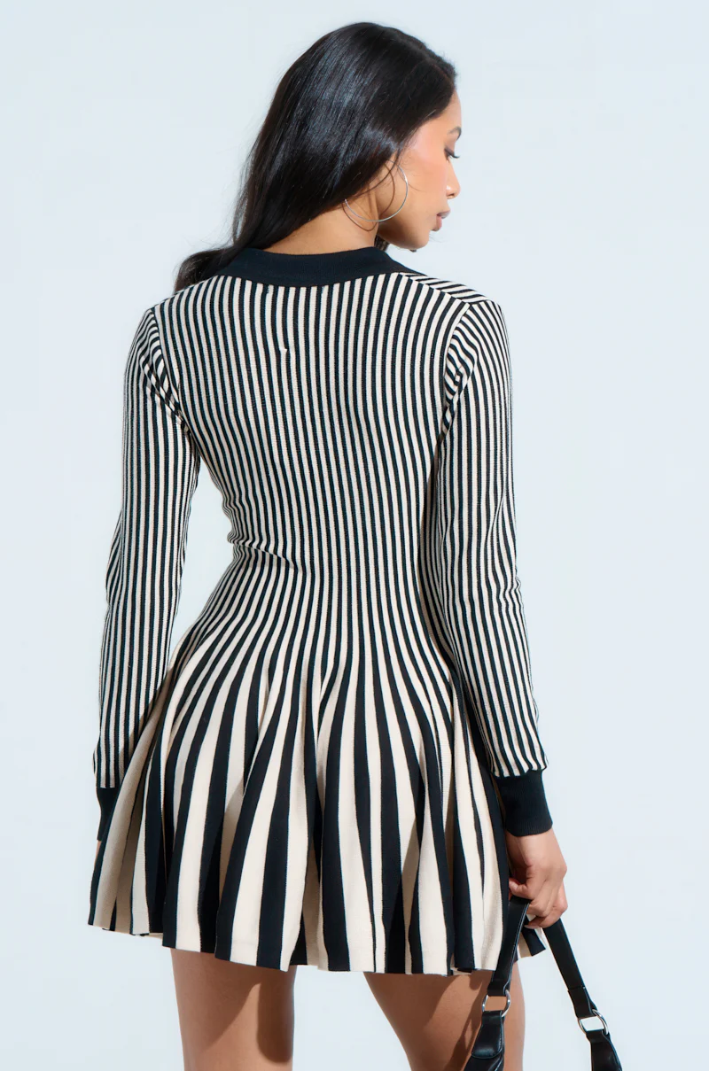ALINA PLEATED KNIT FIT AND FLARE MINI DRESS WITH LONG SLEEVES - Image 3