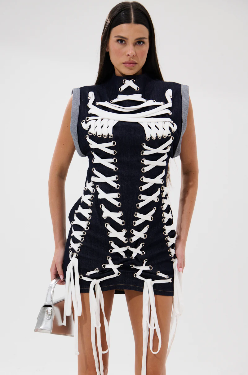 ALL ABOUT IT LACE UP MINI DRESS IN DENIM - Image 3