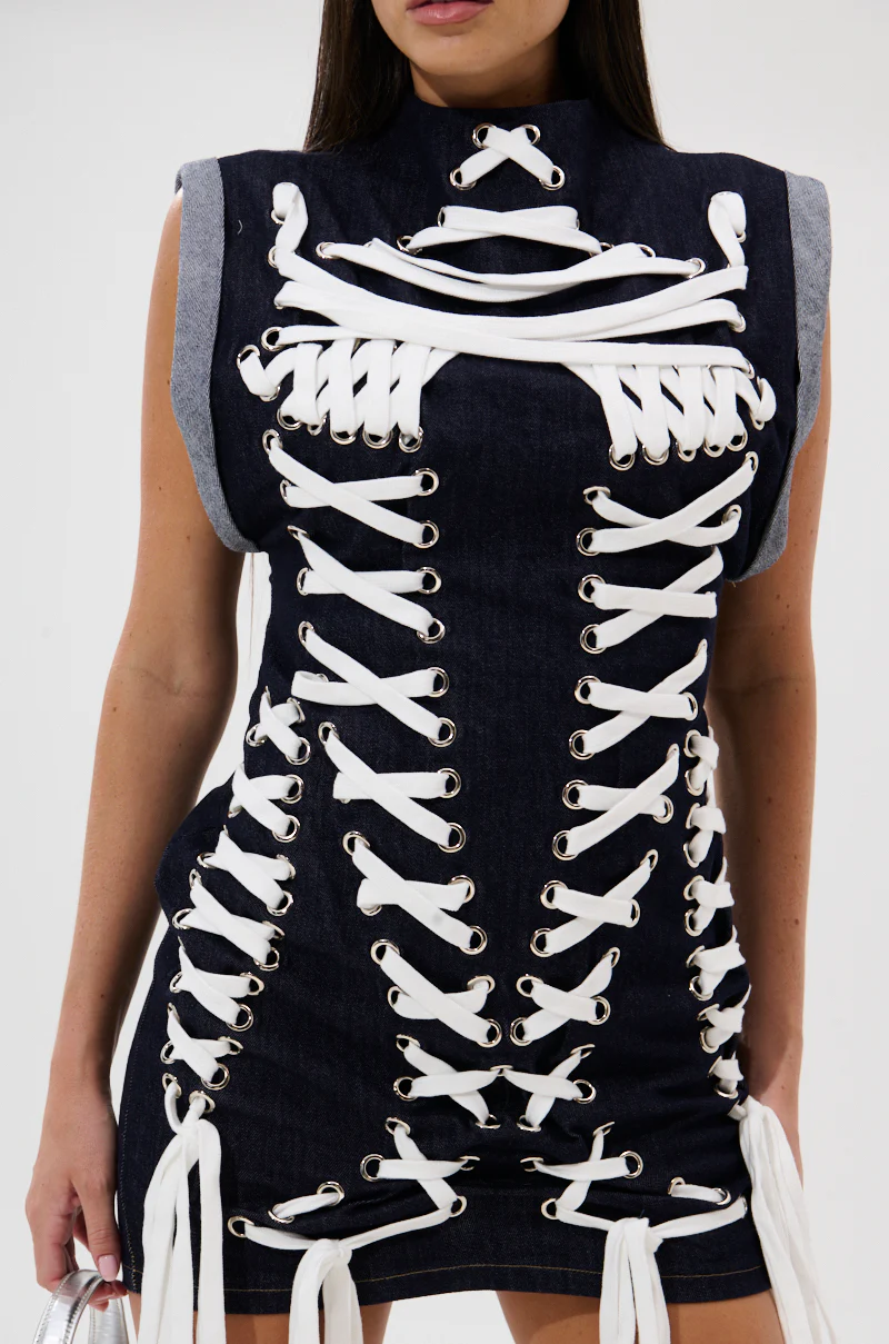 ALL ABOUT IT LACE UP MINI DRESS IN DENIM - Image 8