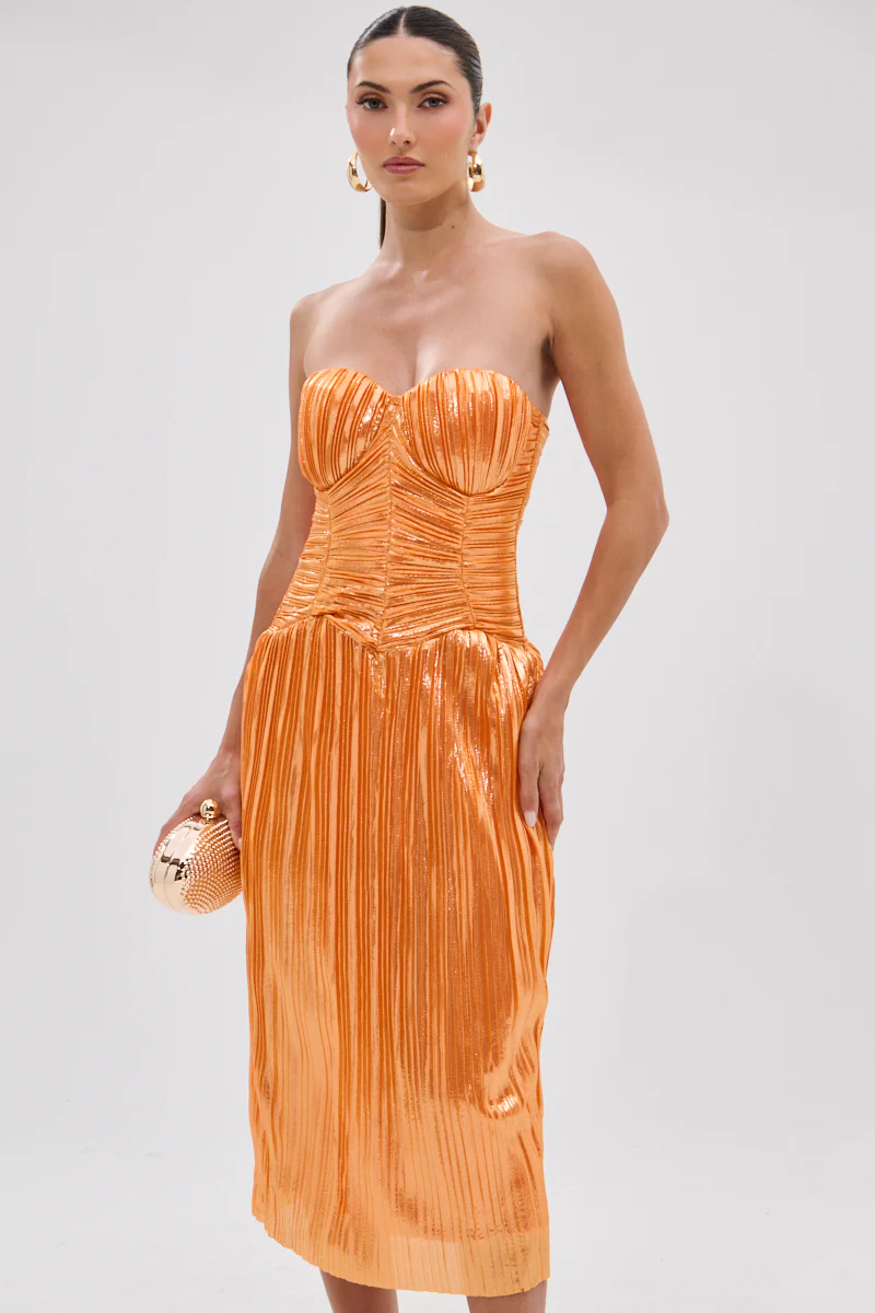 ALL ABOUT ME SATIN BUBBLE MIDI DRESS IN ORANGE - Image 2