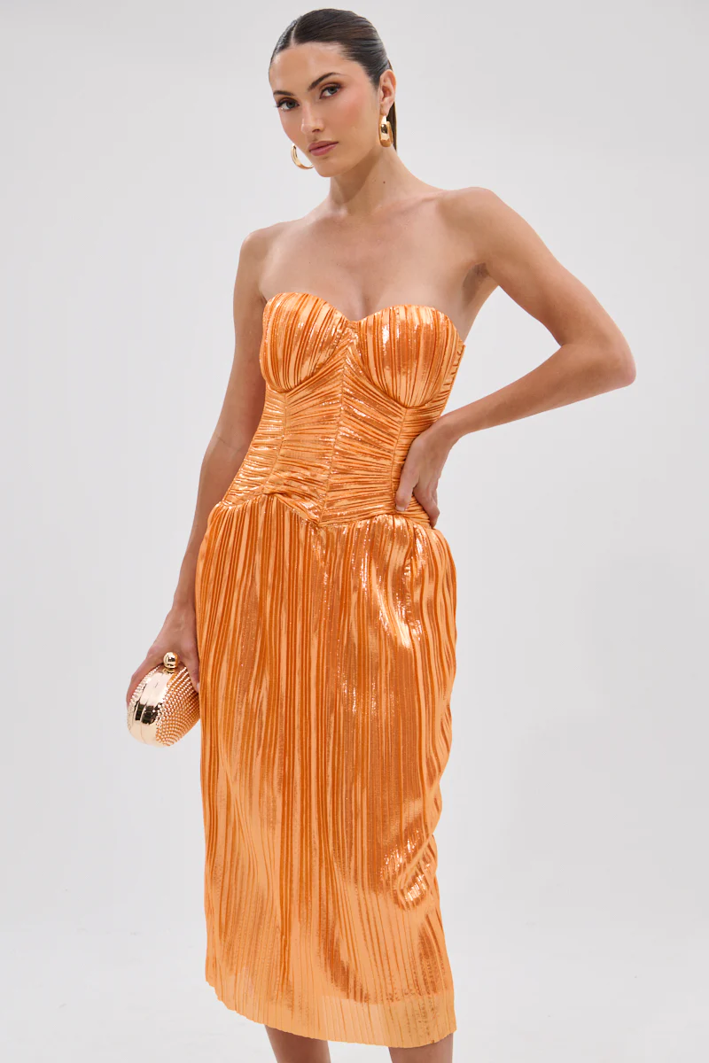 ALL ABOUT ME SATIN BUBBLE MIDI DRESS IN ORANGE - Image 3