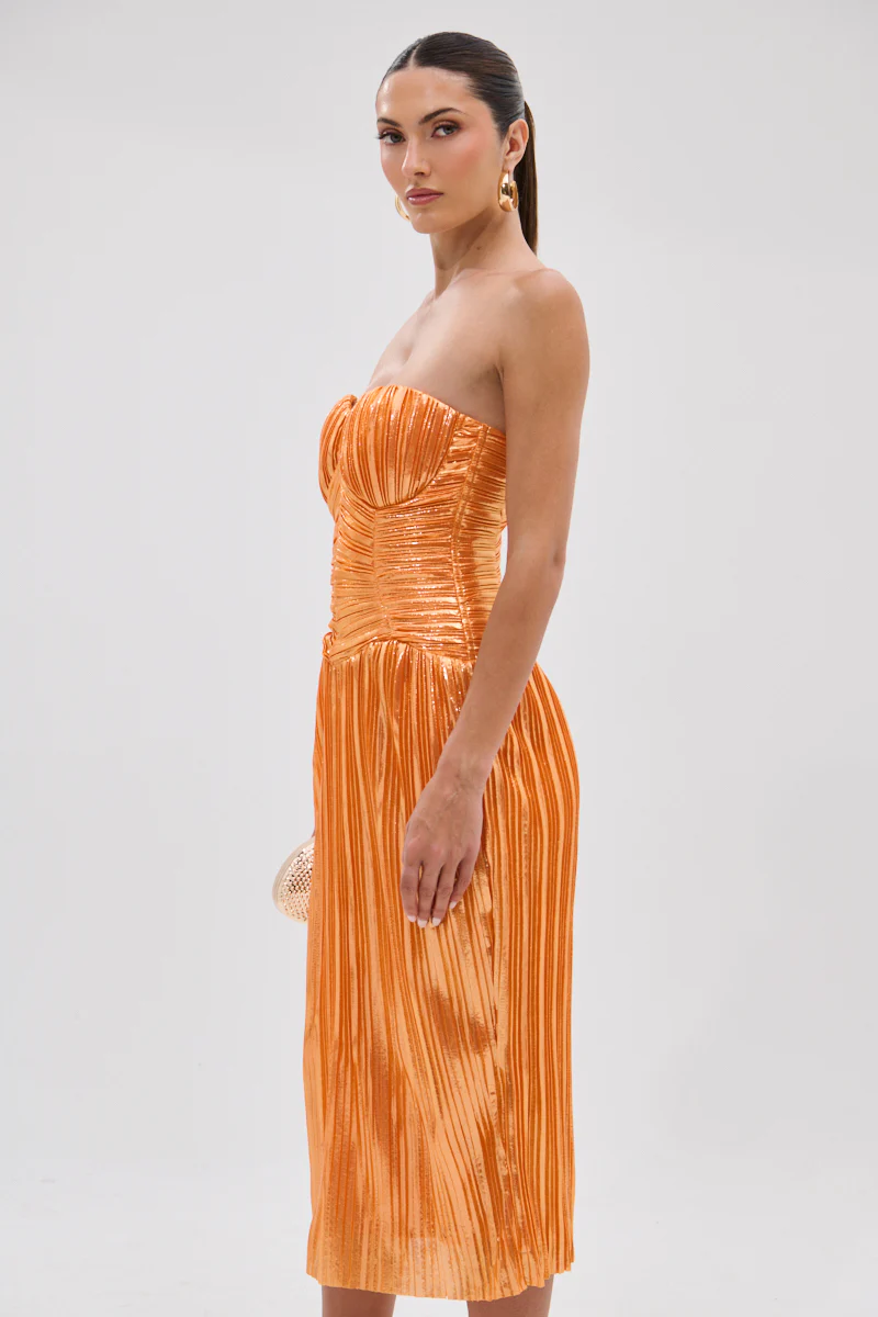 ALL ABOUT ME SATIN BUBBLE MIDI DRESS IN ORANGE - Image 4