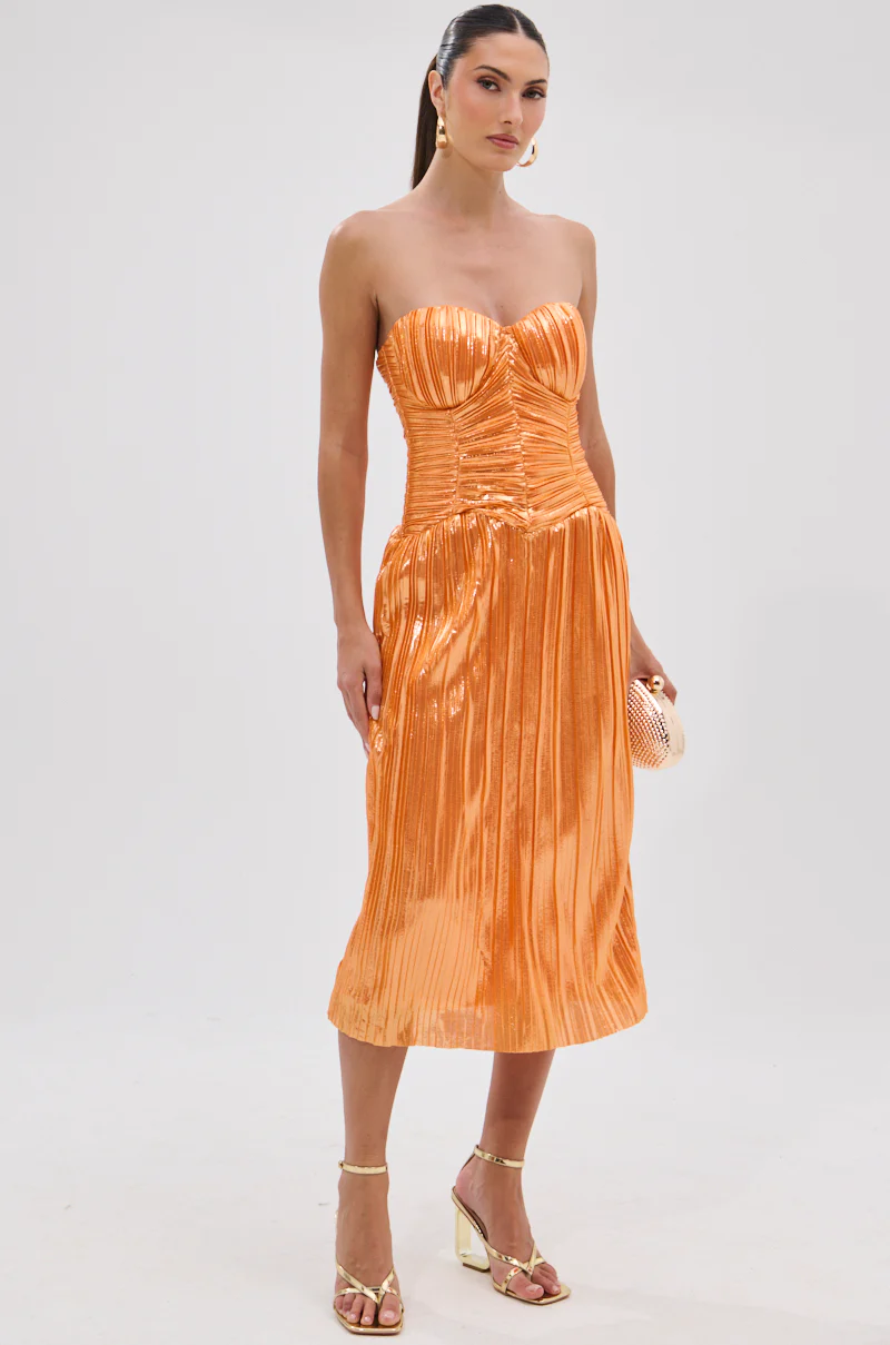 ALL ABOUT ME SATIN BUBBLE MIDI DRESS IN ORANGE - Image 6