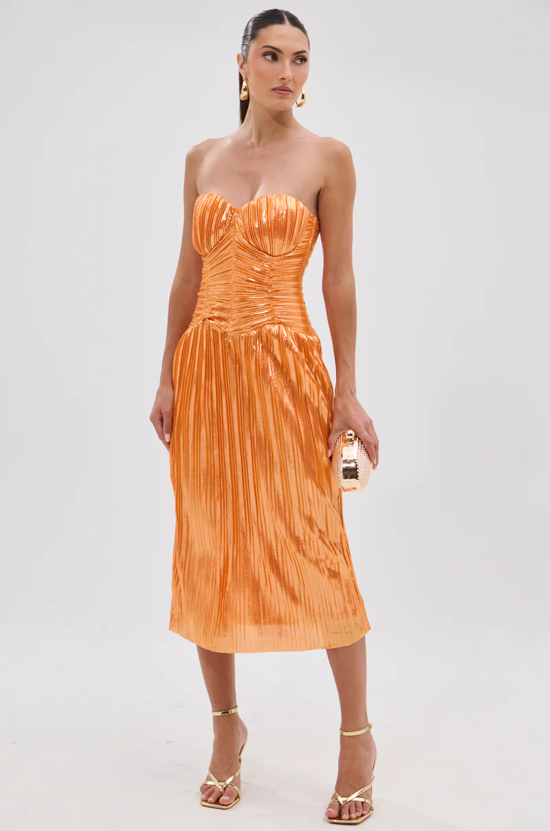 ALL ABOUT ME SATIN BUBBLE MIDI DRESS IN ORANGE - Image 7