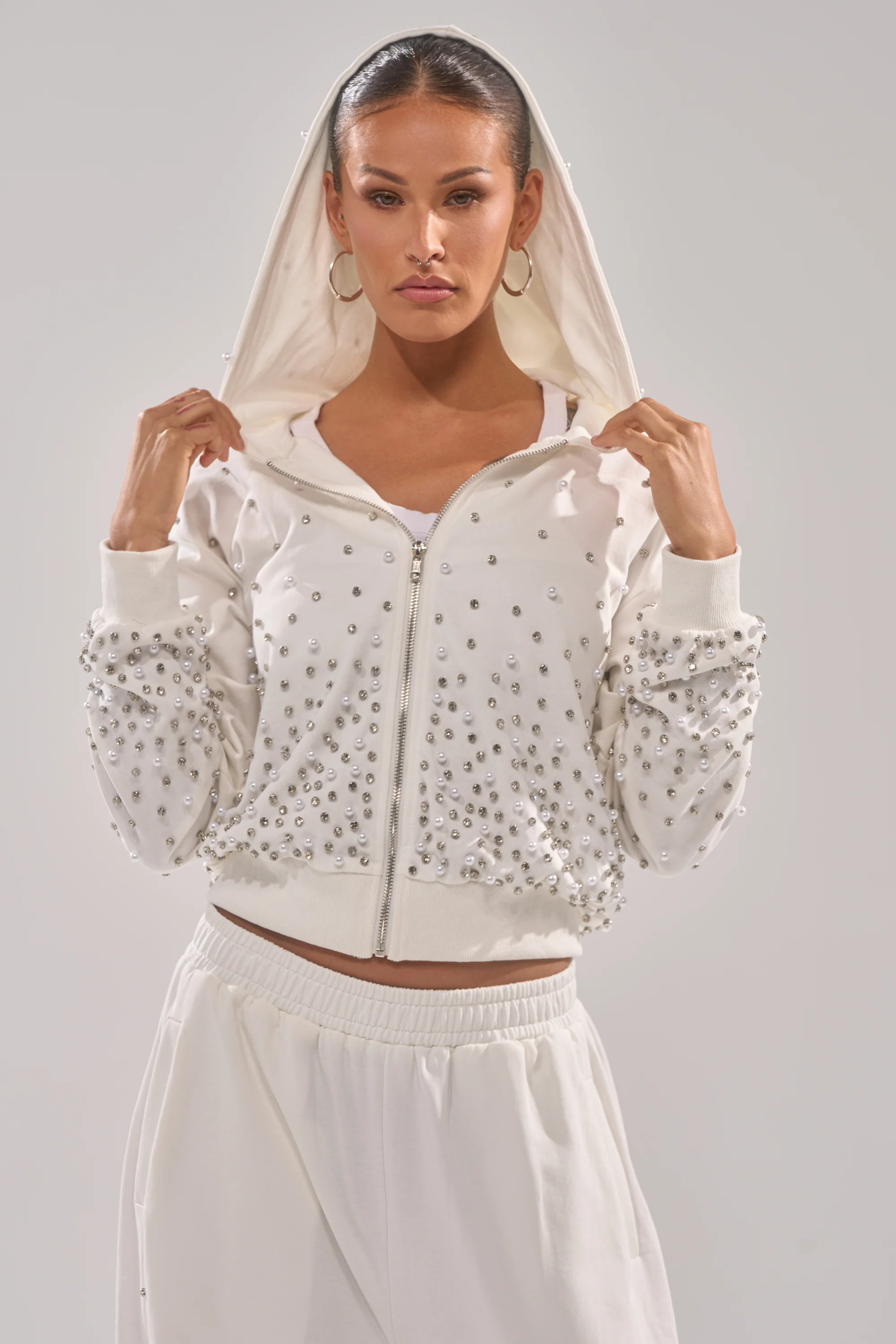 ALL IN WHITE RHINESTONE ZIP UP SWEATSHIRT - Image 2