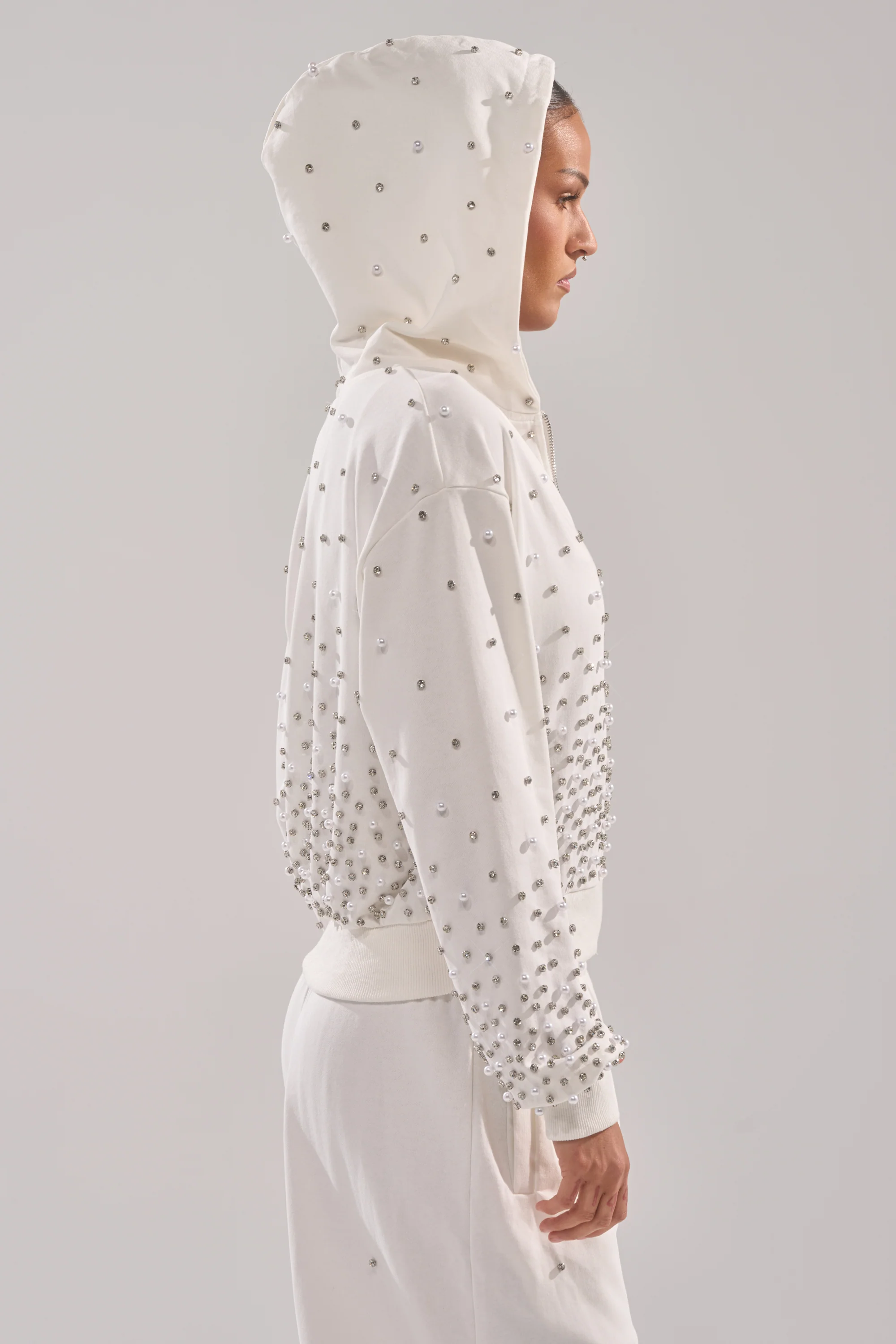 ALL IN WHITE RHINESTONE ZIP UP SWEATSHIRT - Image 3