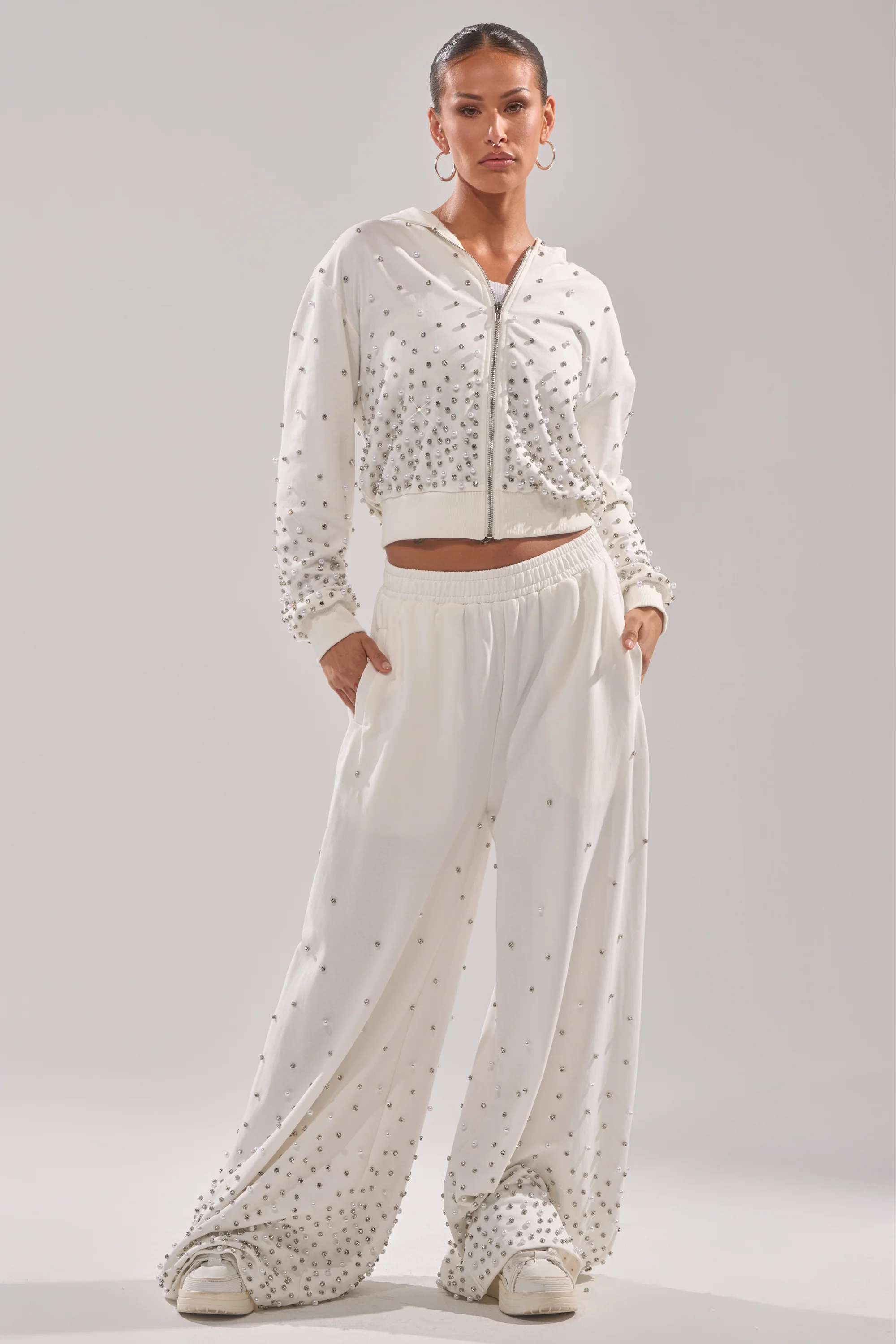 ALL IN WHITE RHINESTONE ZIP UP SWEATSHIRT - Image 5