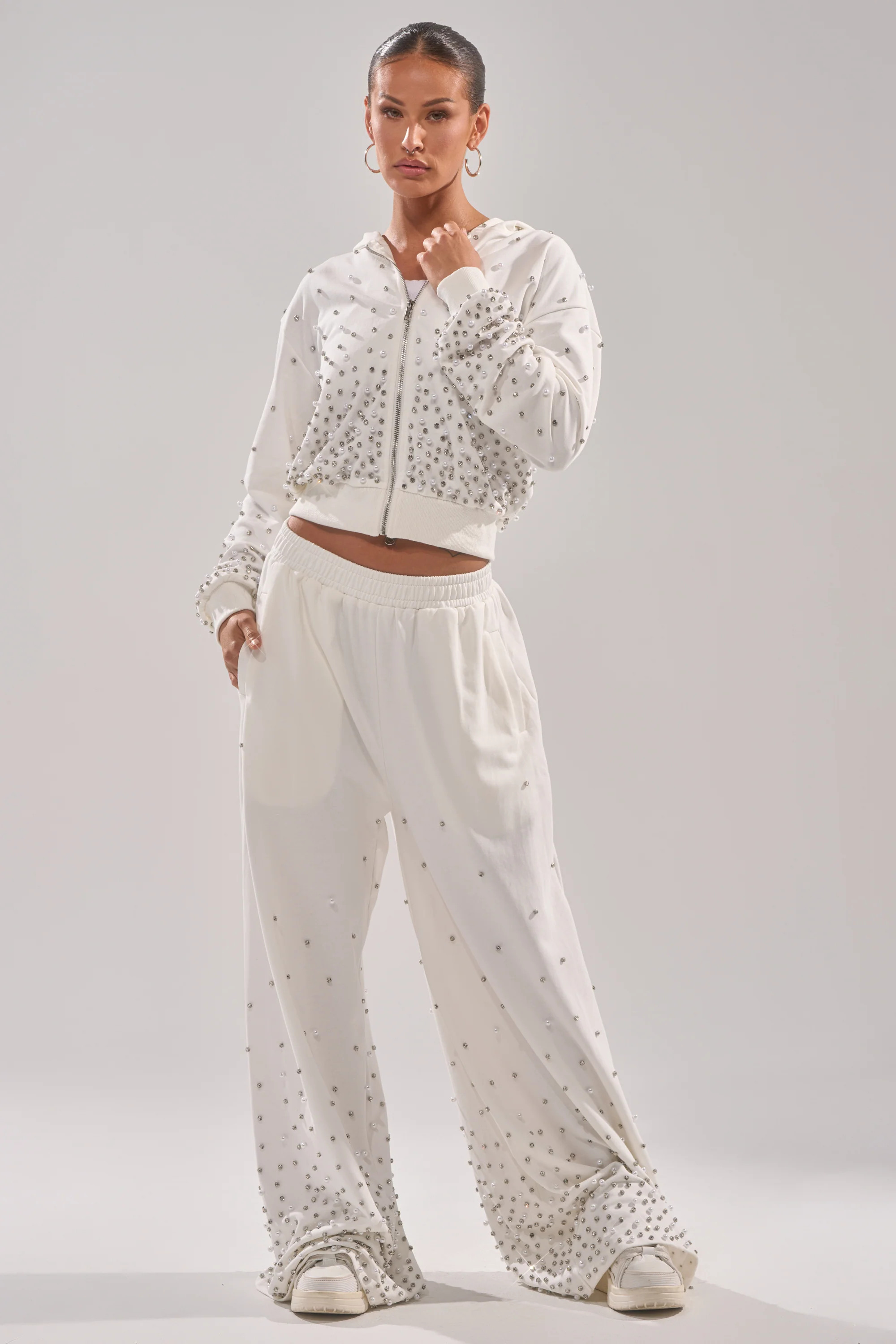 ALL IN WHITE RHINESTONE ZIP UP SWEATSHIRT - Image 6