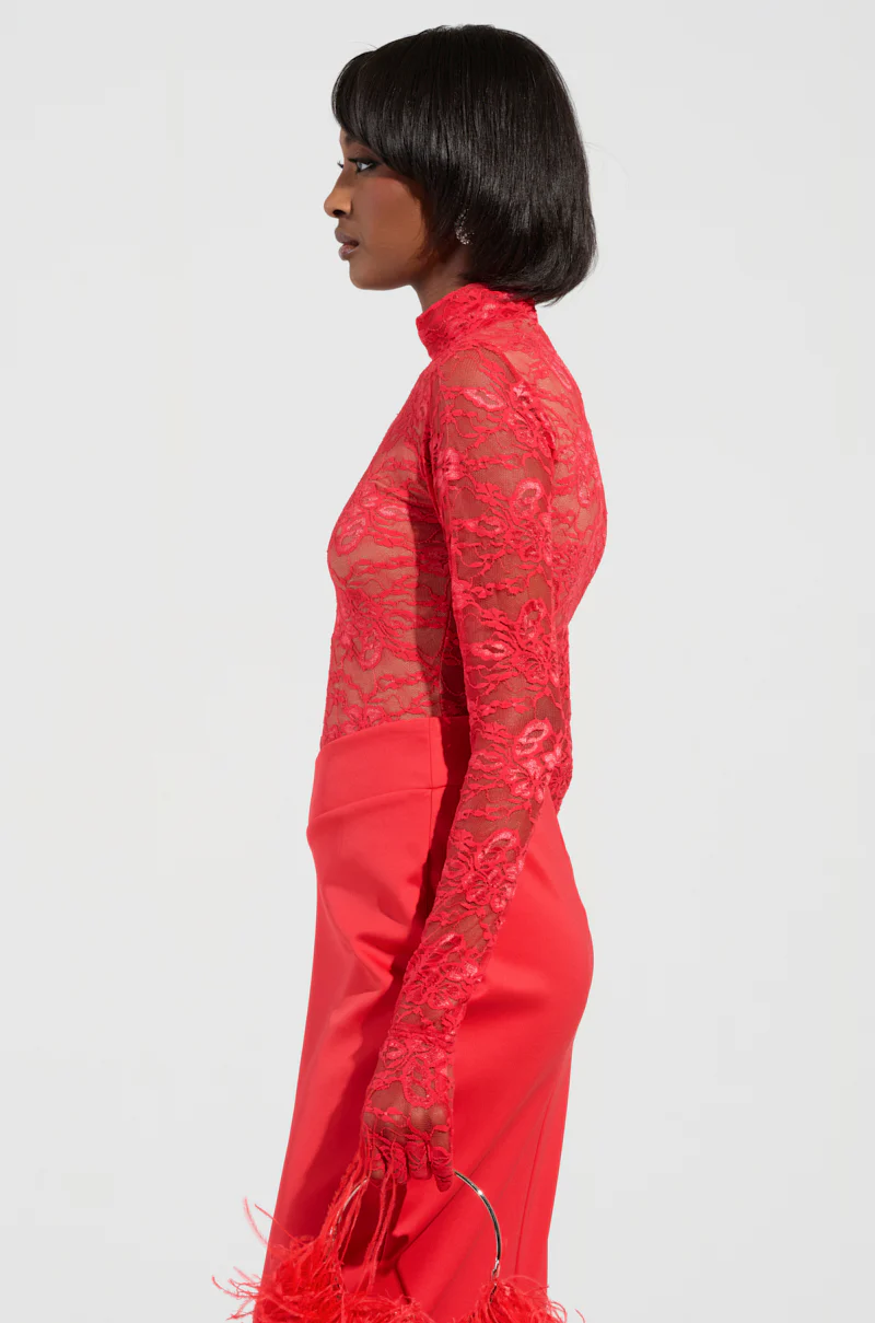 ALL THE ATTENTION LACE GLOVE BODYSUIT IN RED - Image 3