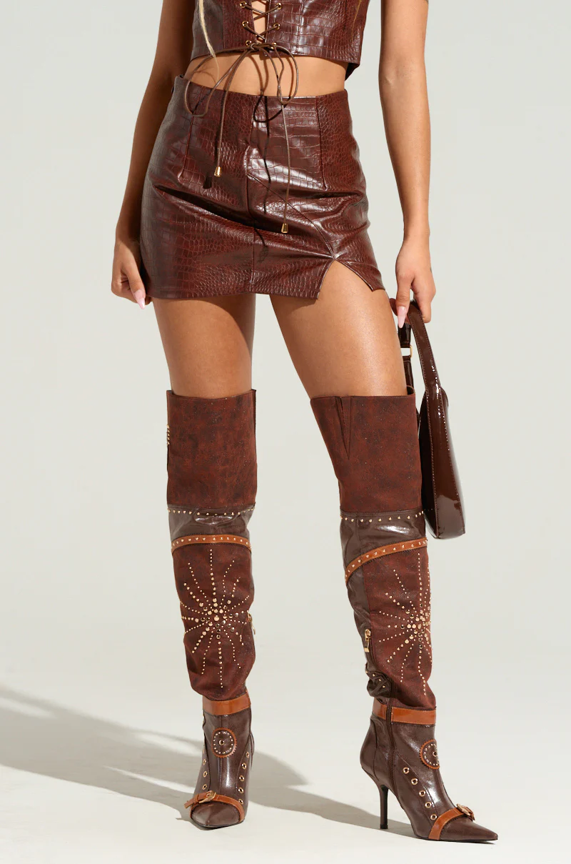 ALL YOURS SIDE LACE UP FAUX CROCODILE MINI SKIRT IN BROWN - Image 2