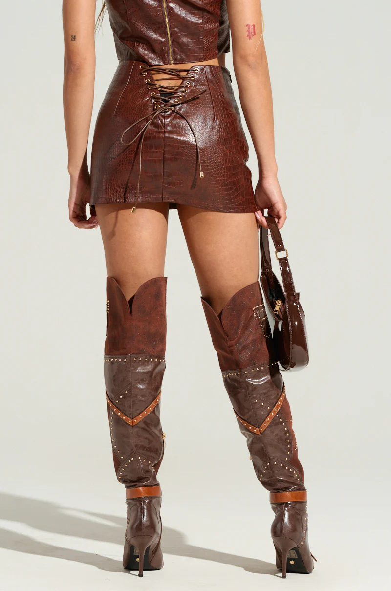 ALL YOURS SIDE LACE UP FAUX CROCODILE MINI SKIRT IN BROWN - Image 4