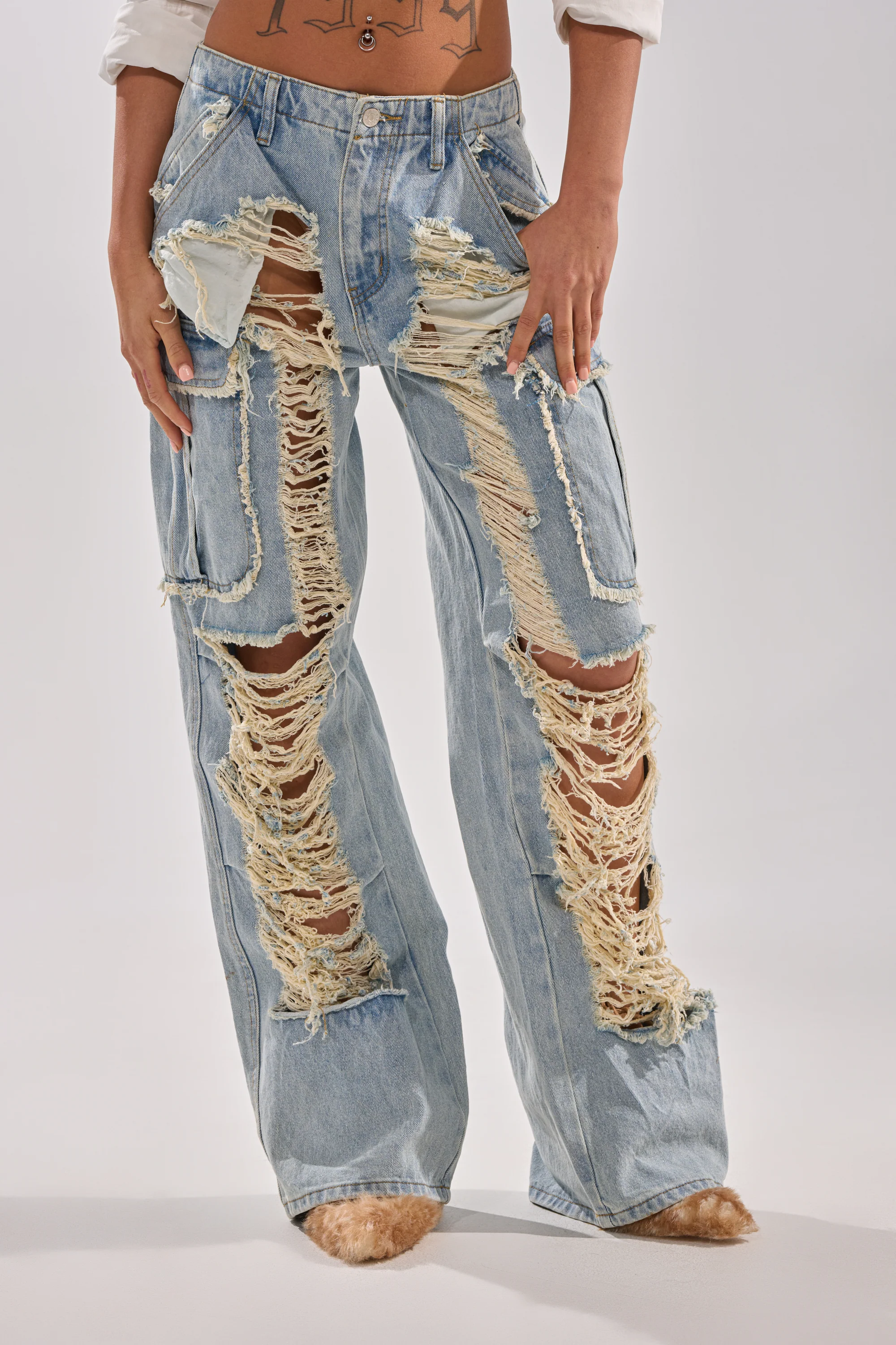 ALMA DISTRESSED DENIM CARGO PANTS - Image 4