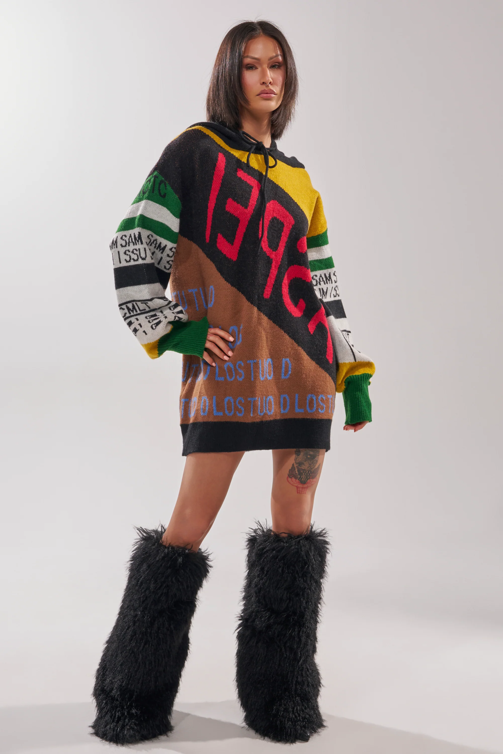 ALPHA FEMALE HOODED SWEATSHIRT DRESS IN YELLOW MULTI - Image 10
