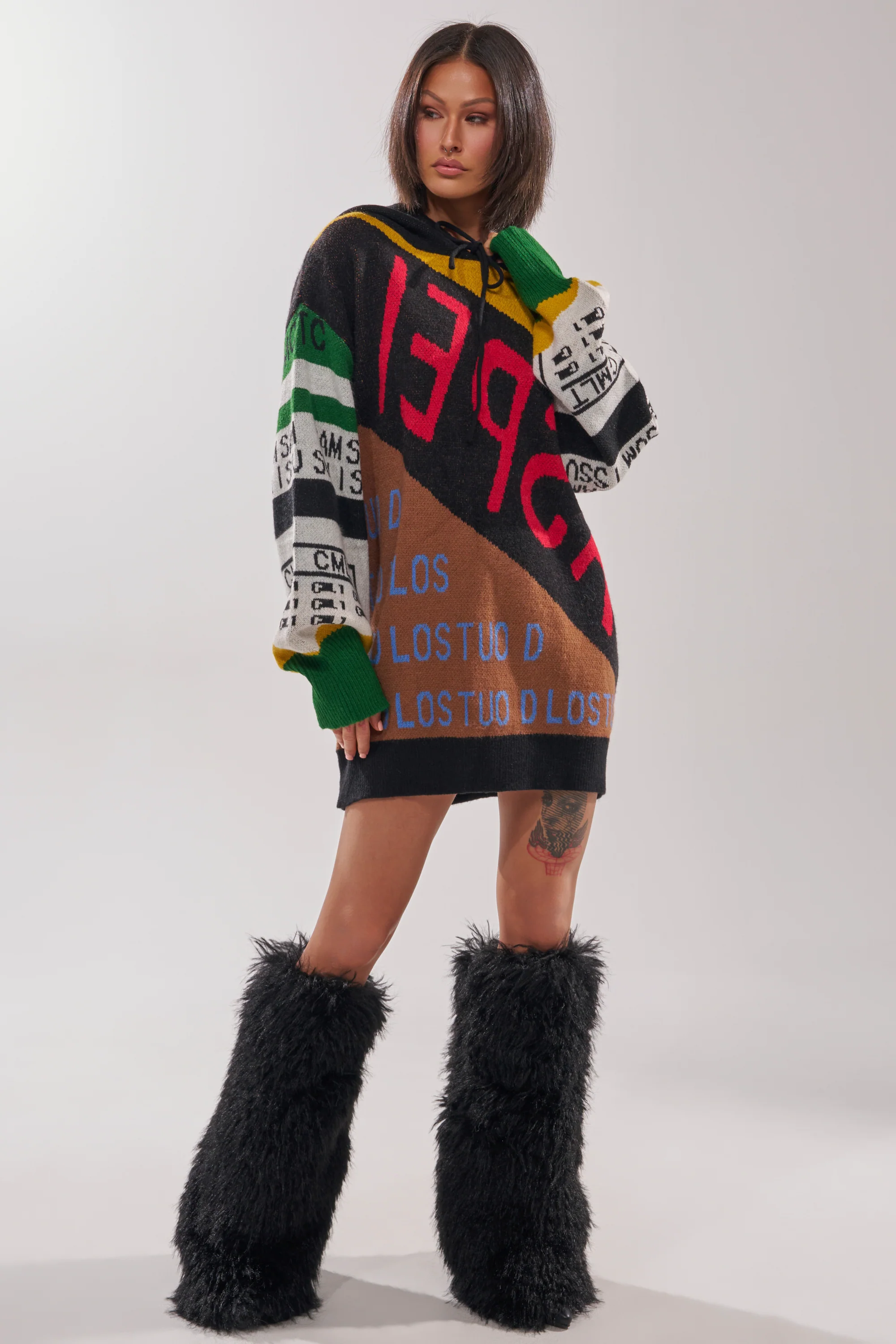 ALPHA FEMALE HOODED SWEATSHIRT DRESS IN YELLOW MULTI - Image 11