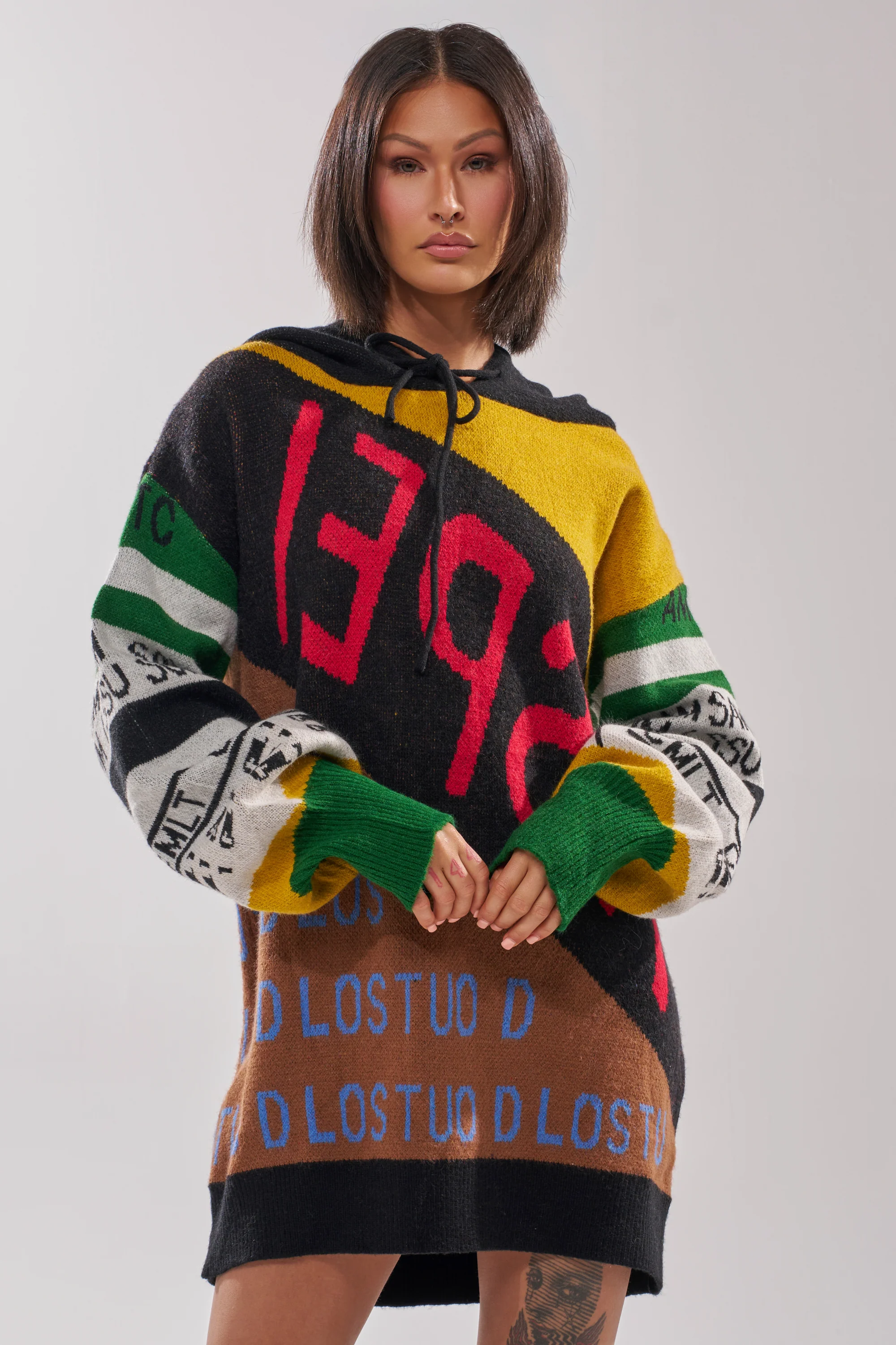 ALPHA FEMALE HOODED SWEATSHIRT DRESS IN YELLOW MULTI - Image 3