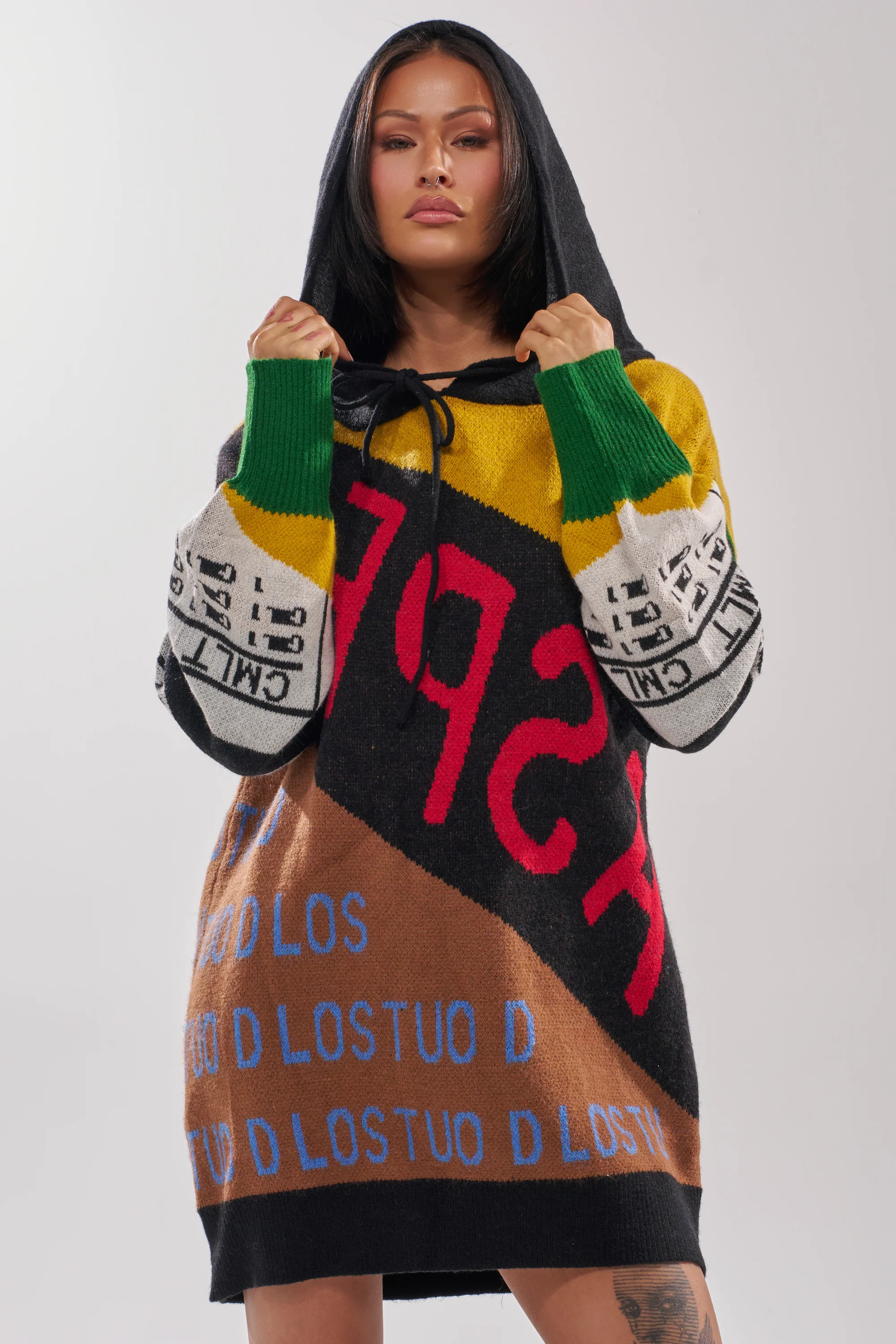 ALPHA FEMALE HOODED SWEATSHIRT DRESS IN YELLOW MULTI - Image 5