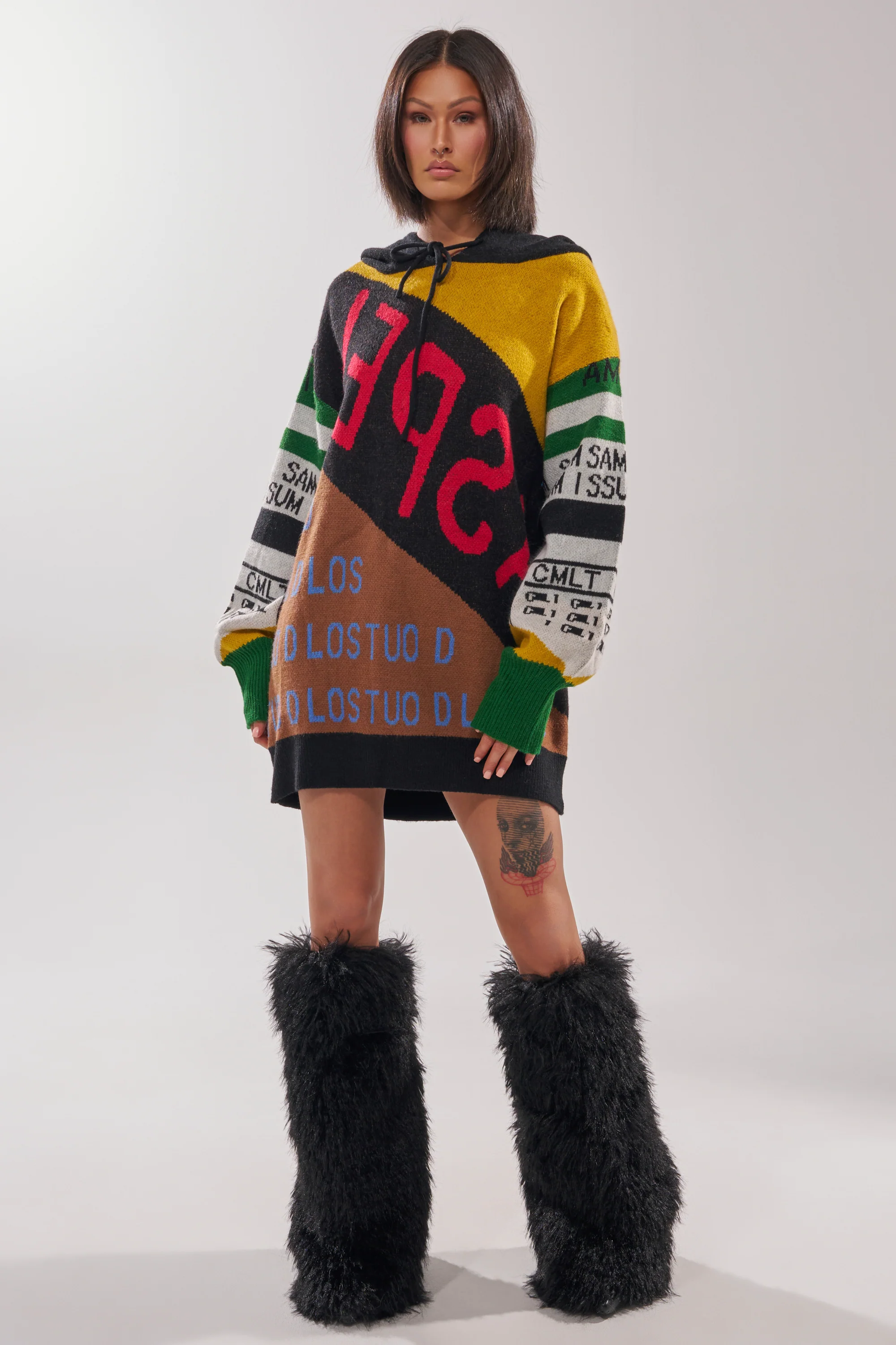 ALPHA FEMALE HOODED SWEATSHIRT DRESS IN YELLOW MULTI - Image 9