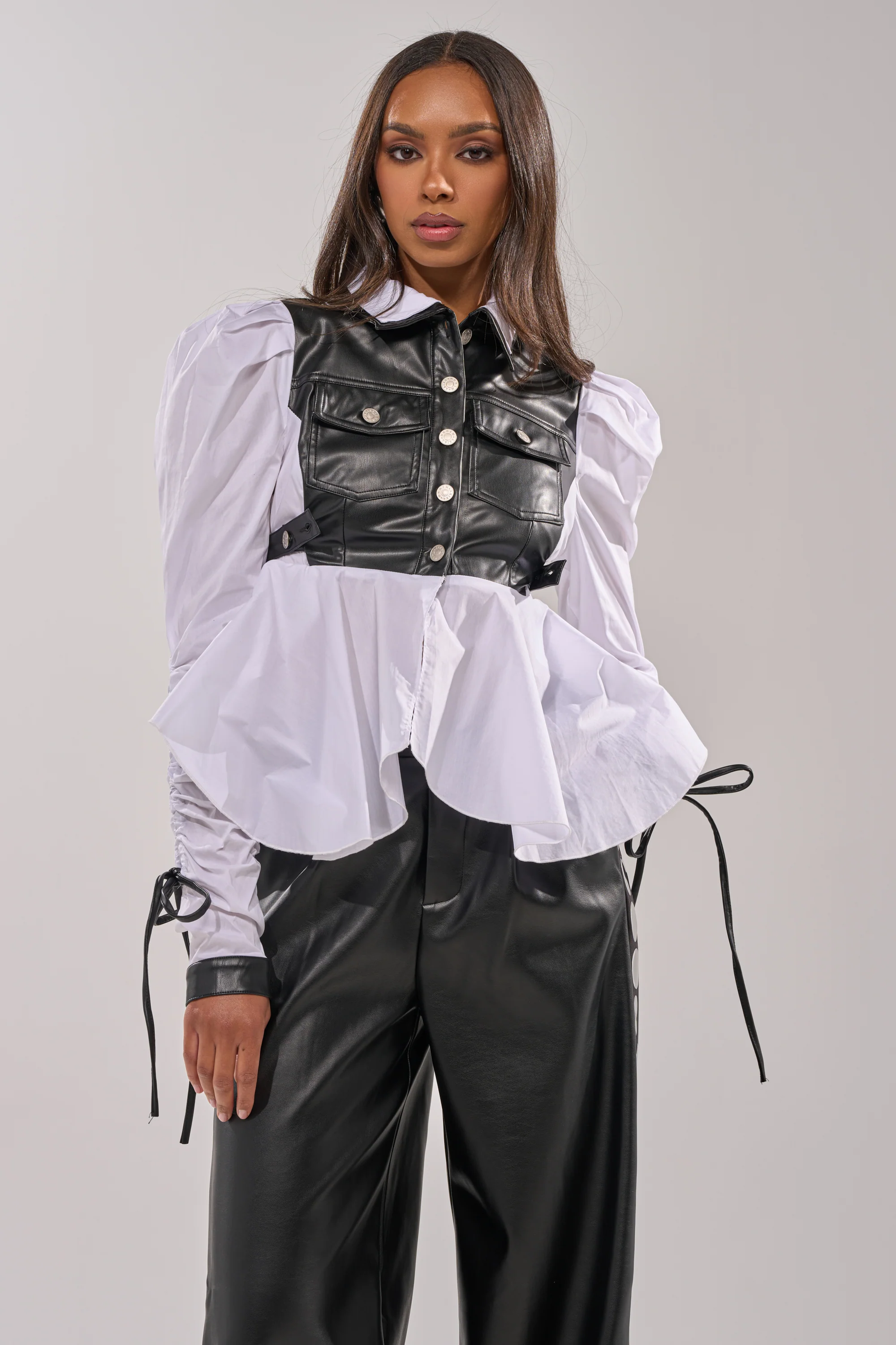 ALWAYS FABULOUS FAUX LEATHER DETAIL BUTTON DOWN BLOUSE - Image 4