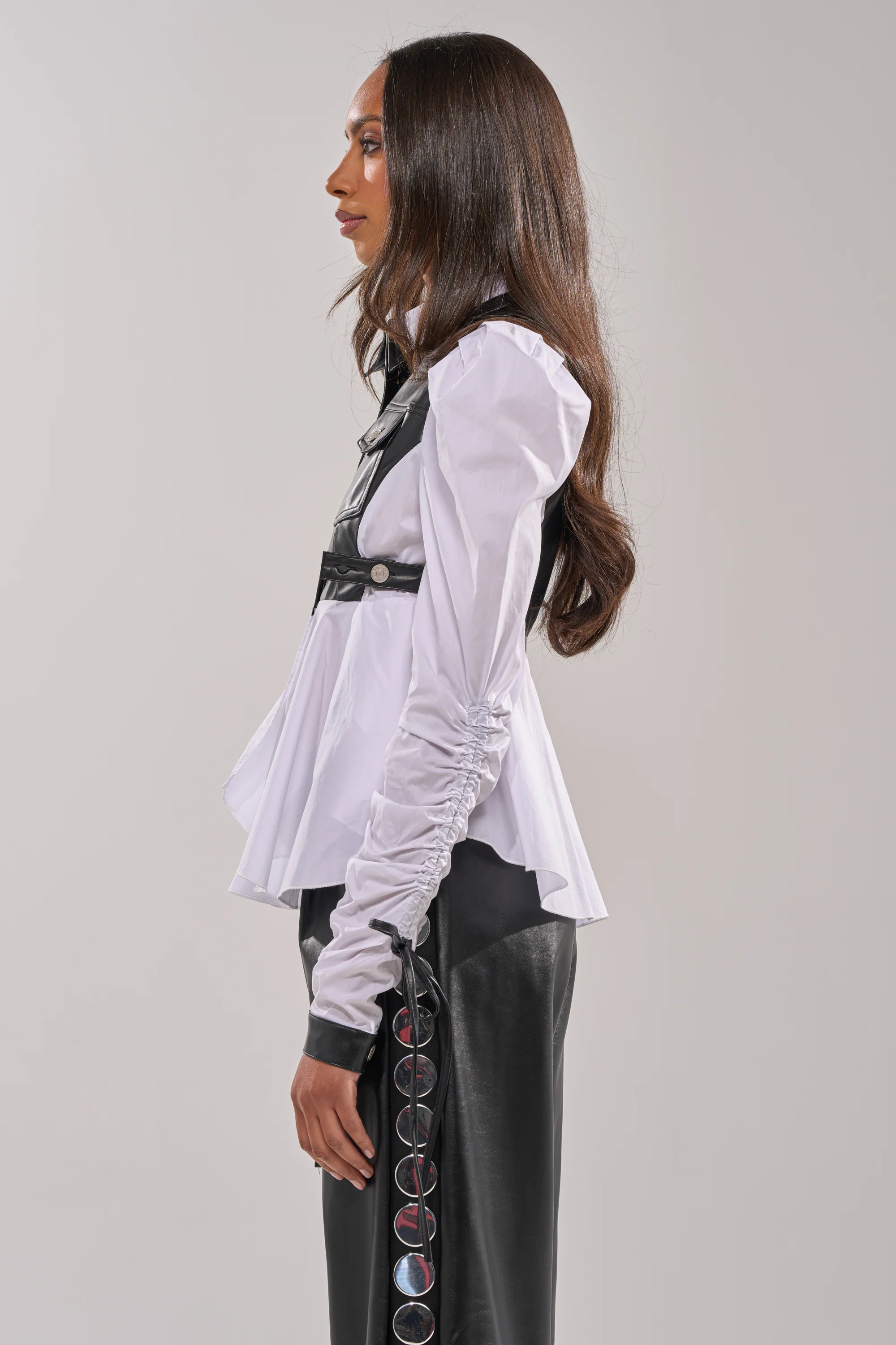 ALWAYS FABULOUS FAUX LEATHER DETAIL BUTTON DOWN BLOUSE - Image 5