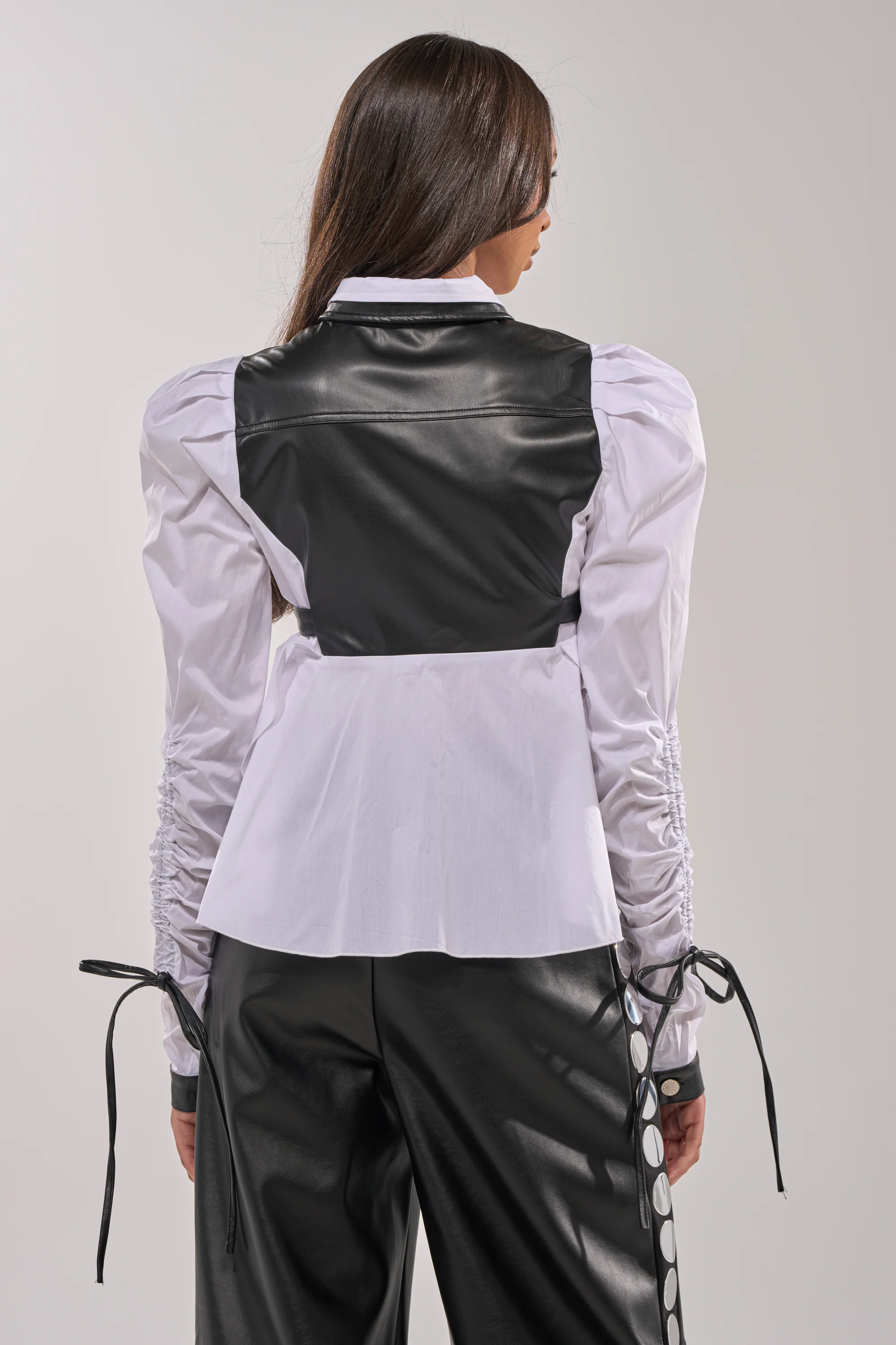 ALWAYS FABULOUS FAUX LEATHER DETAIL BUTTON DOWN BLOUSE - Image 6