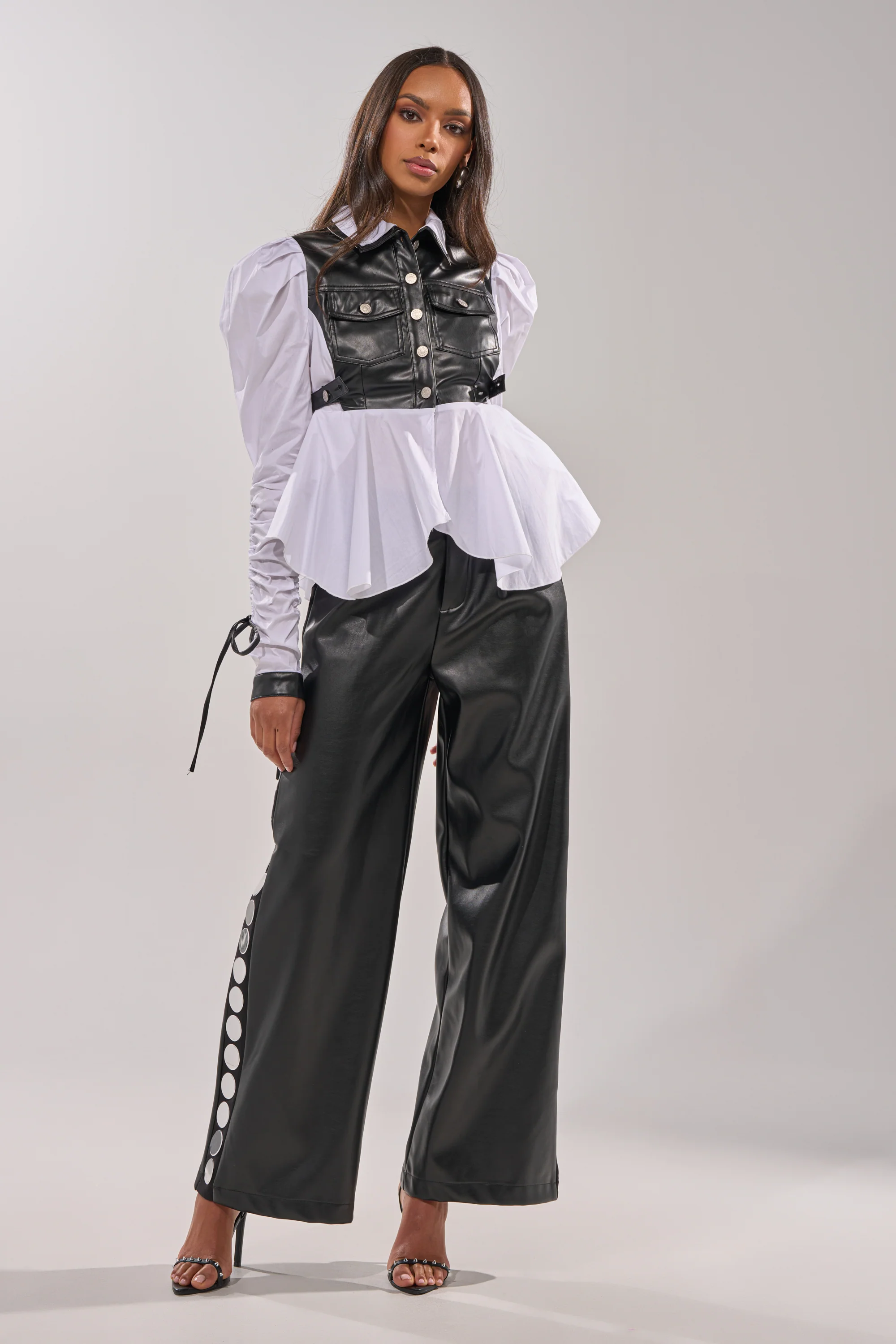 ALWAYS FABULOUS FAUX LEATHER DETAIL BUTTON DOWN BLOUSE - Image 7