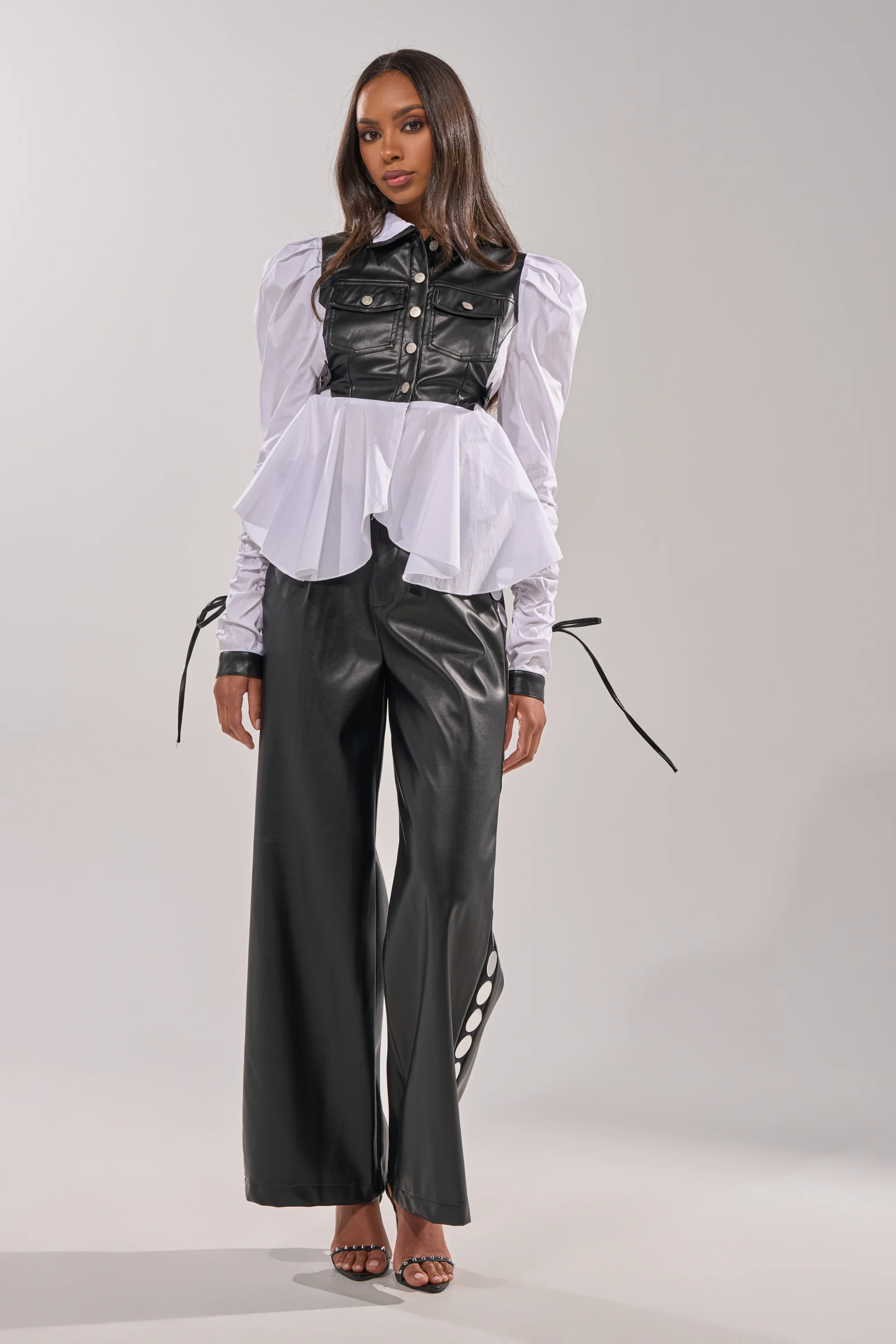 ALWAYS FABULOUS FAUX LEATHER DETAIL BUTTON DOWN BLOUSE - Image 8