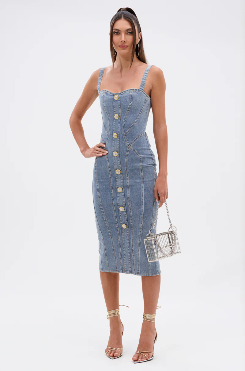 AMRATA DENIM MIDI DRESS WITH GOLD BUTTONS - Image 2
