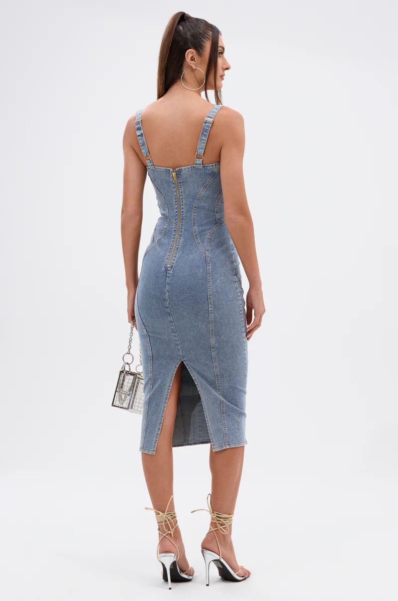 AMRATA DENIM MIDI DRESS WITH GOLD BUTTONS - Image 4