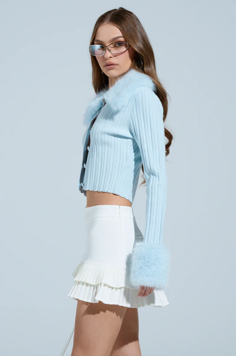 ANGEL EYES FUR TRIM CARDIGAN IN BLUE - Image 4