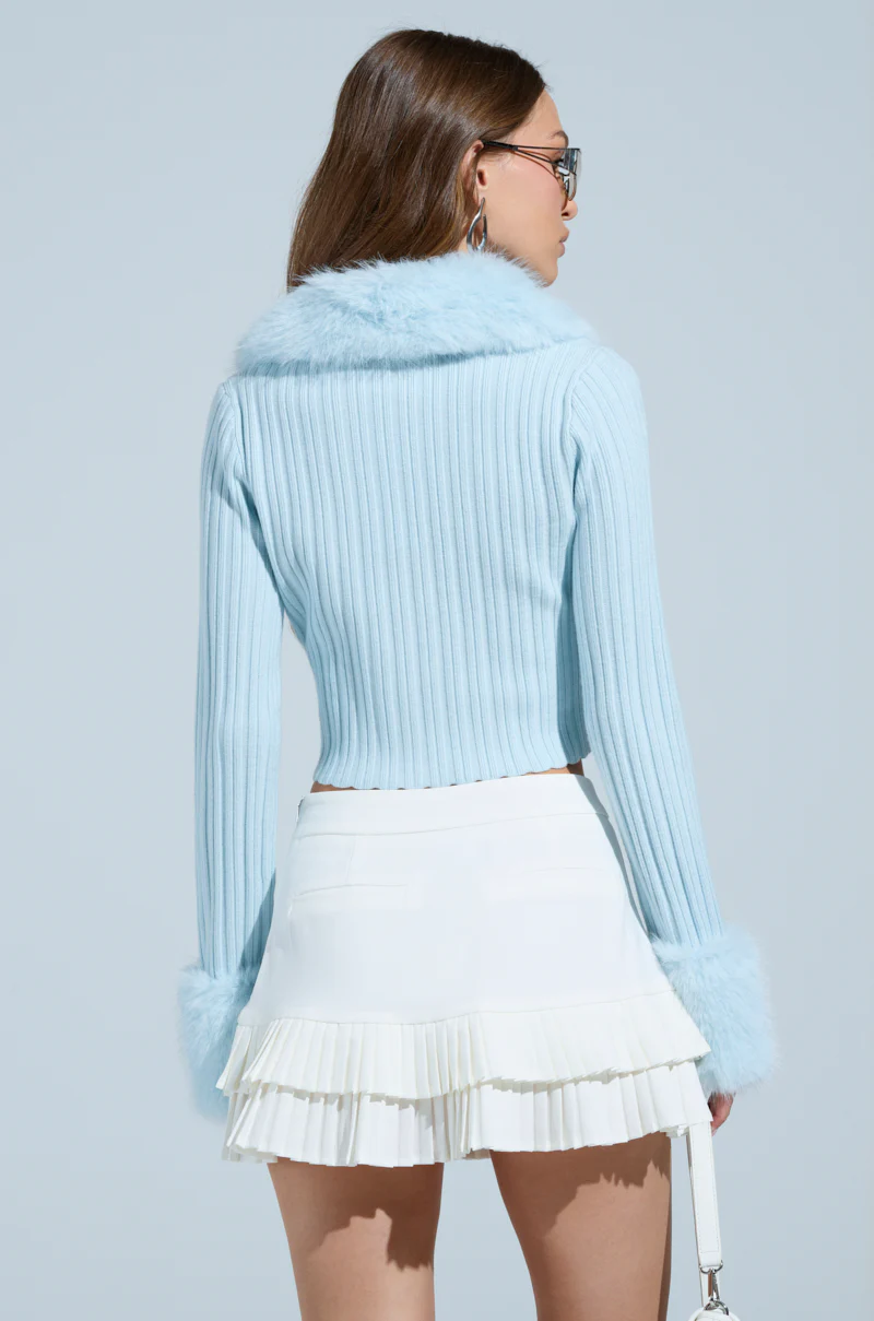 ANGEL EYES FUR TRIM CARDIGAN IN BLUE - Image 5