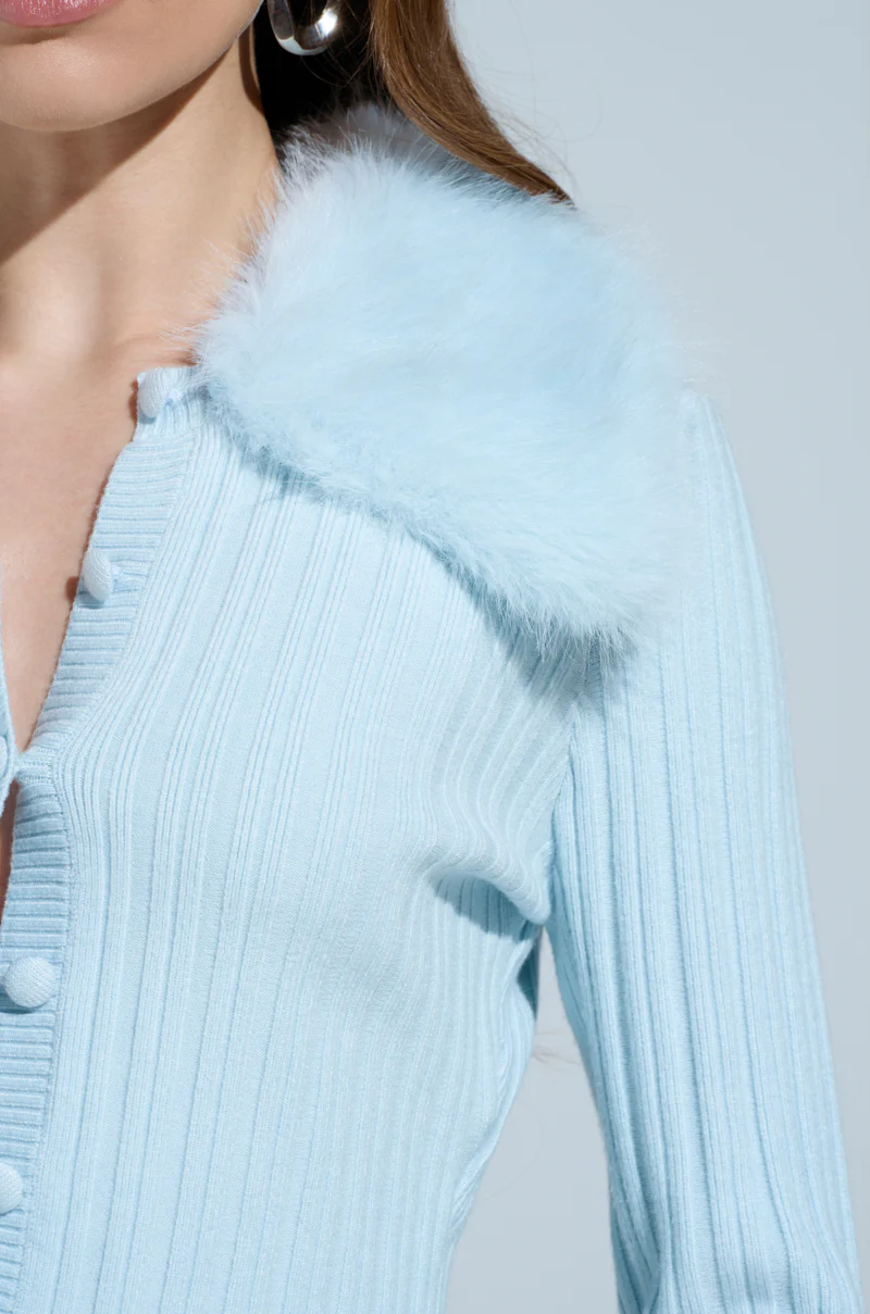 ANGEL EYES FUR TRIM CARDIGAN IN BLUE - Image 8