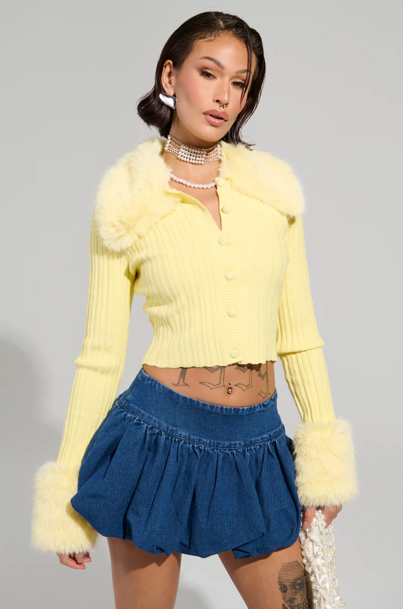 ANGEL EYES FUR TRIM CARDIGAN IN YELLOW - Image 4
