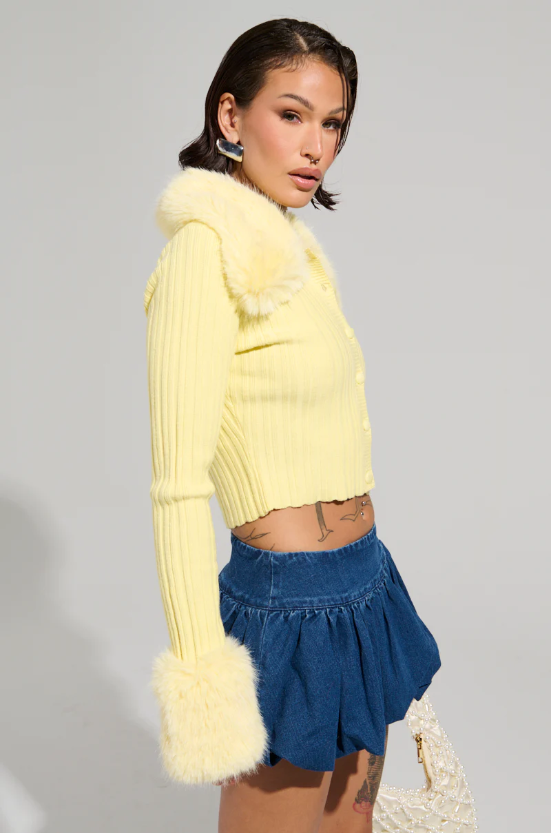 ANGEL EYES FUR TRIM CARDIGAN IN YELLOW - Image 5