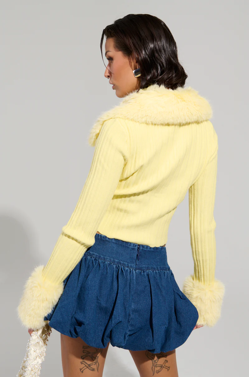 ANGEL EYES FUR TRIM CARDIGAN IN YELLOW - Image 6
